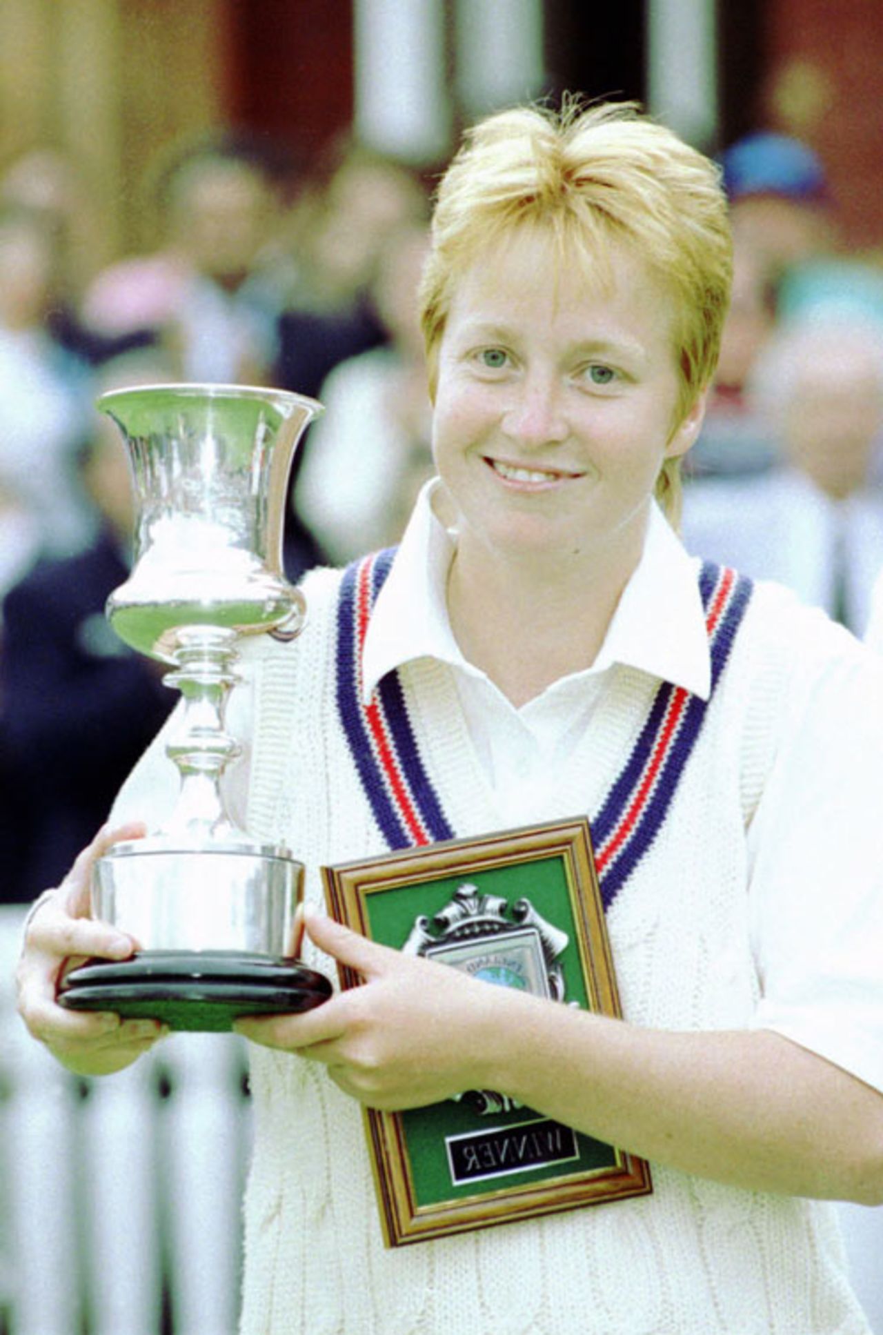 Karen Smithies poses with the World Cup, England v New Zealand, World Cup final, Lord's, August 1, 1993