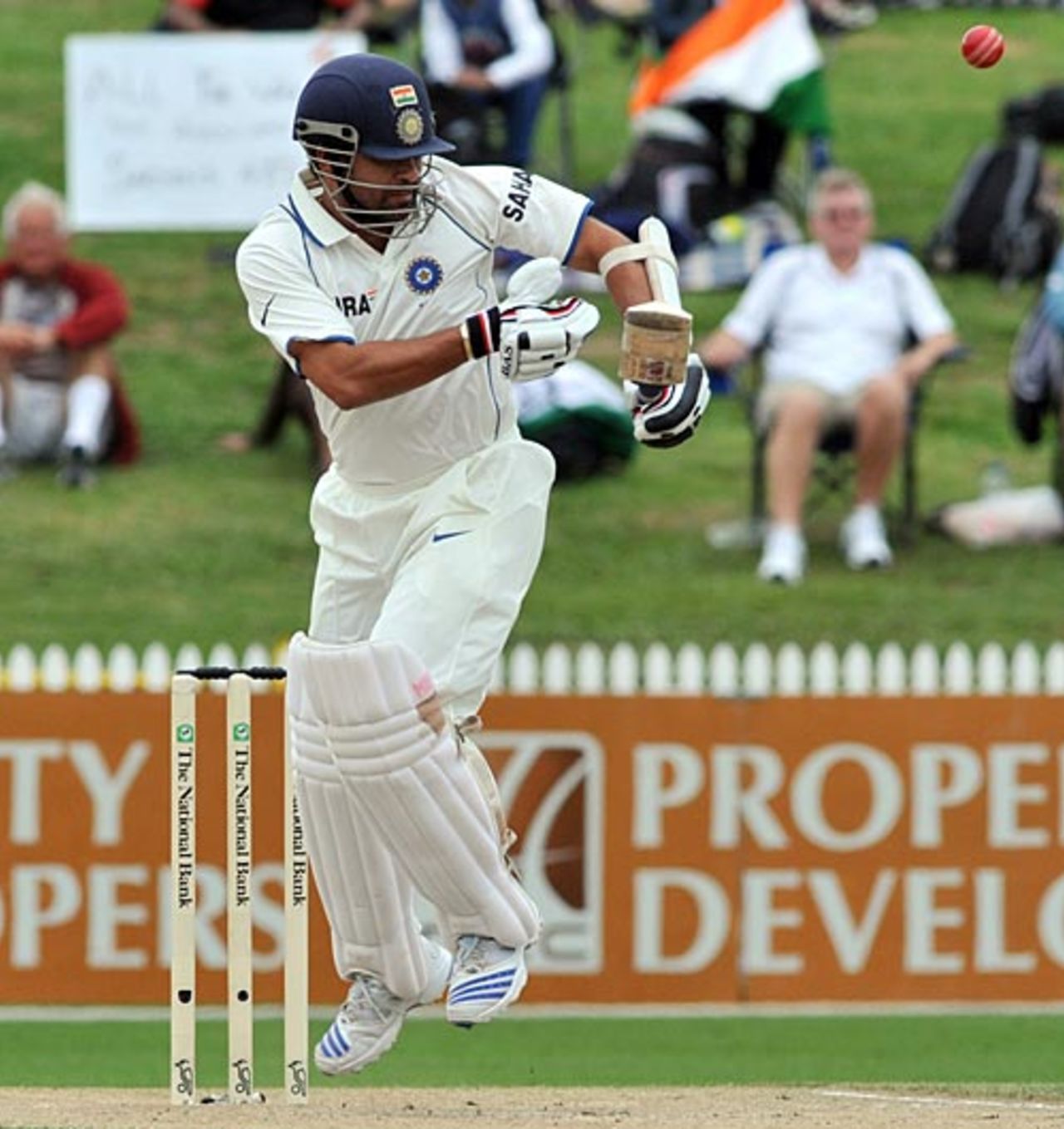 Sachin Tendulkar fends off a short ball, New Zealand v India, 1st Test, Hamilton, 3rd day, March 20, 2009