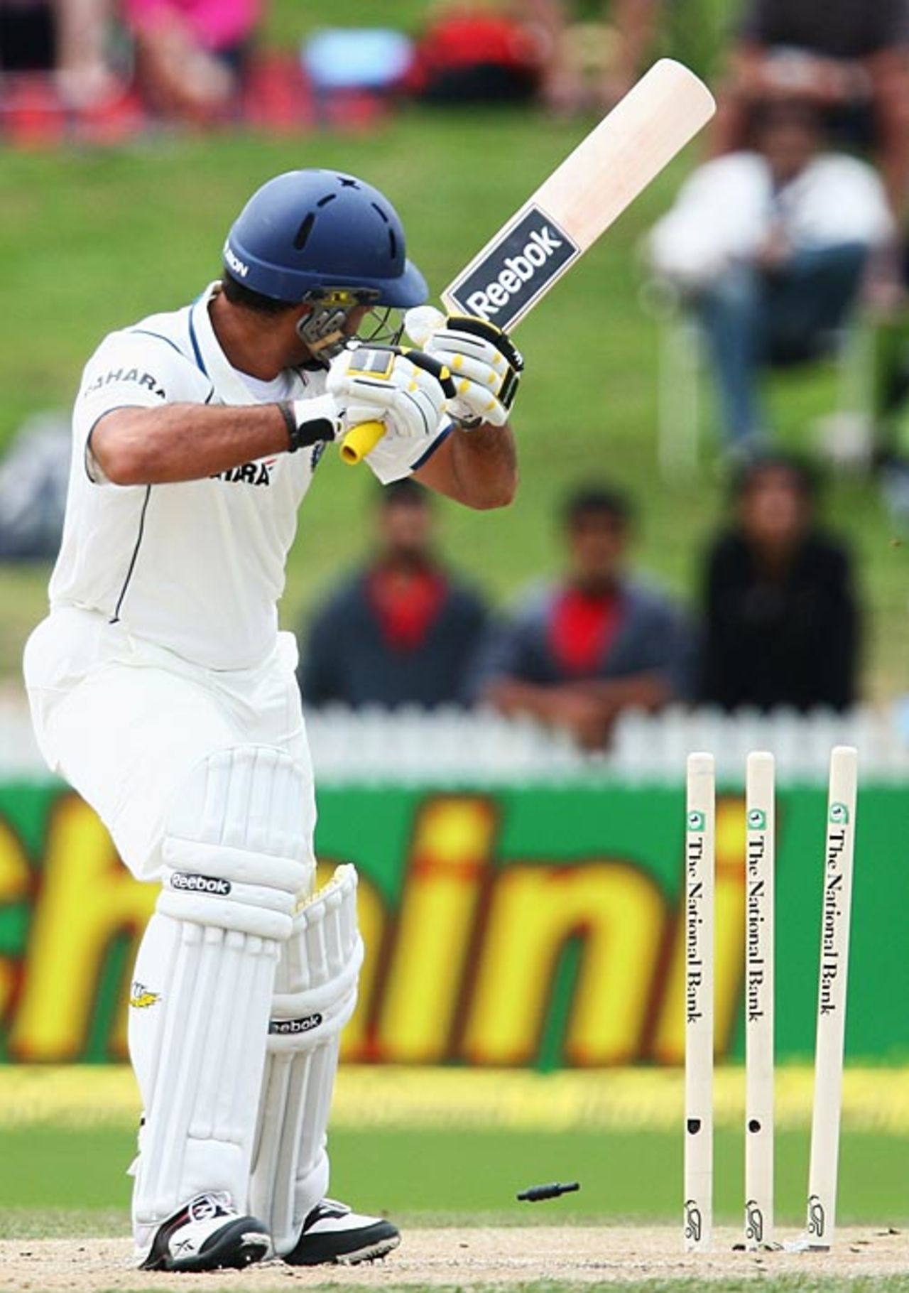 Yuvraj Singh watches the ball hit his off stump, New Zealand v India, 1st Test, Hamilton, 3rd day, March 20, 2009