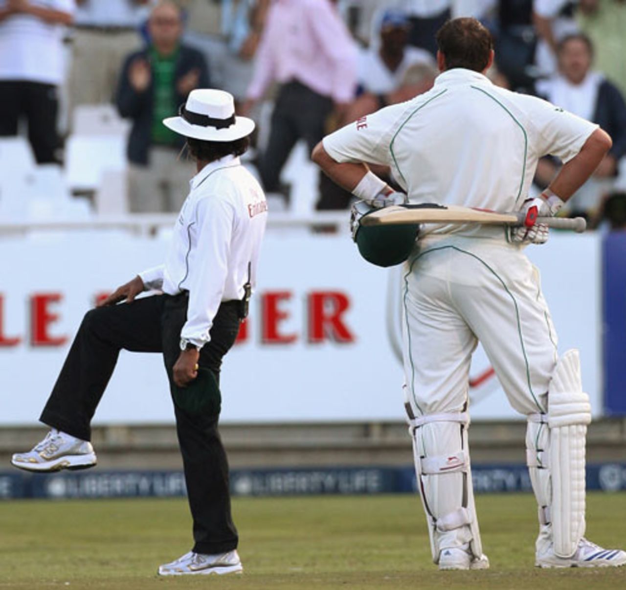 What Jacques Kallis thought was his 100th run is ruled a leg-bye by Asad Rauf, South Africa v Australia, 3rd Test, 2nd day, Cape Town, March 20, 2009