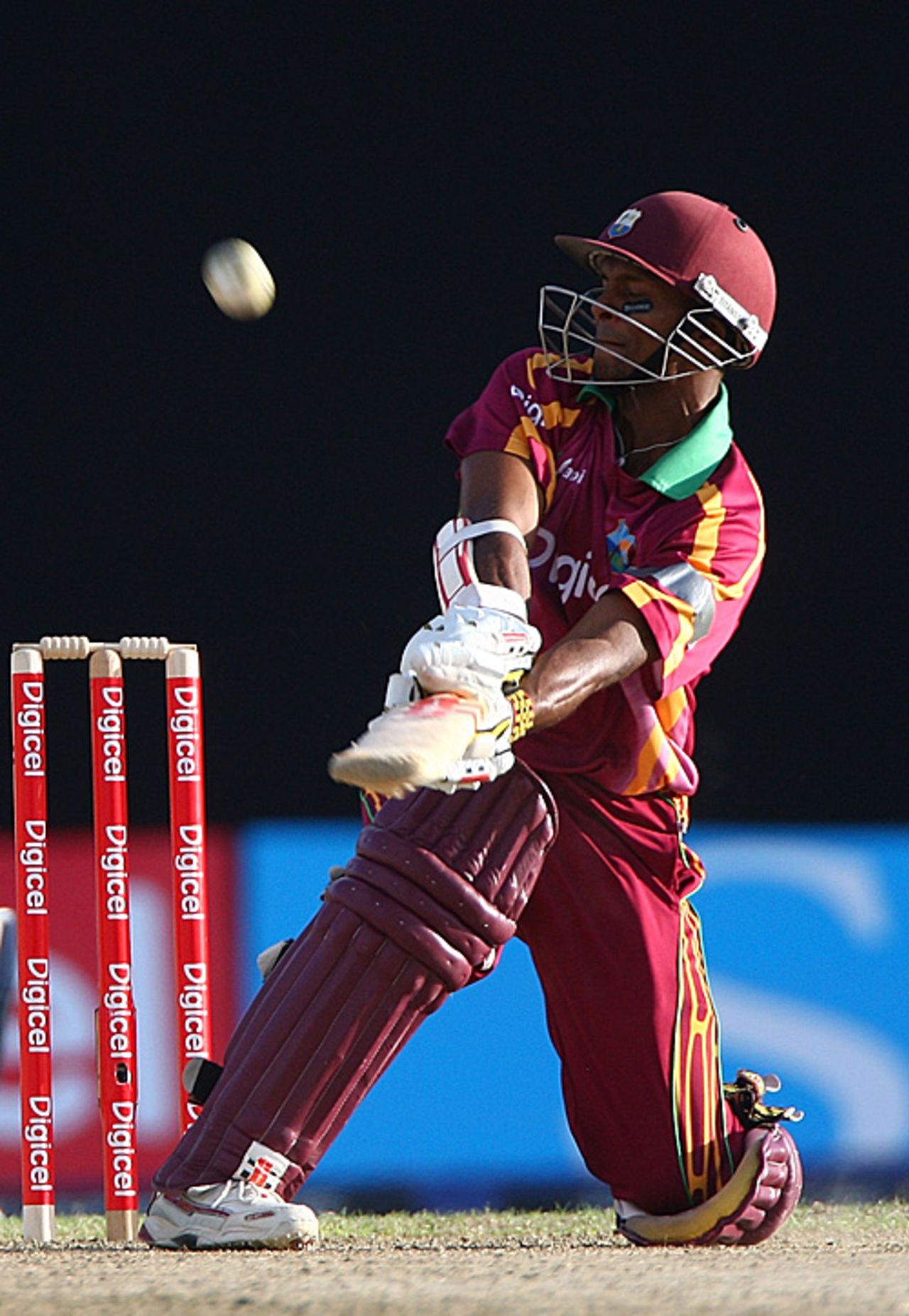 Shivnarine Chanderpaul, down on one knee, executes a remarkable paddle for six off Steve Harmison, West Indies v England, 1st ODI, Providence, March 20, 2009