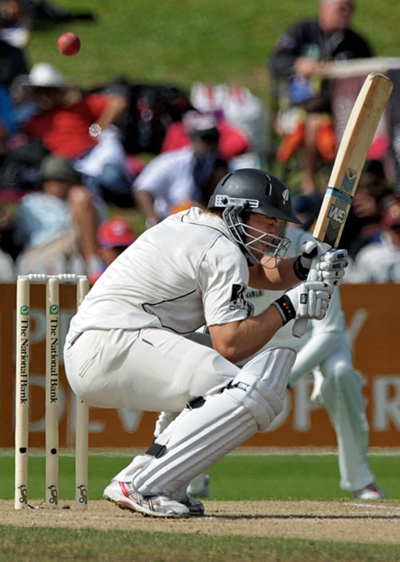 Daniel Flynn ducks a short ball, New Zealand v India, 1st Test, Hamilton, 4th day, March 21, 2009