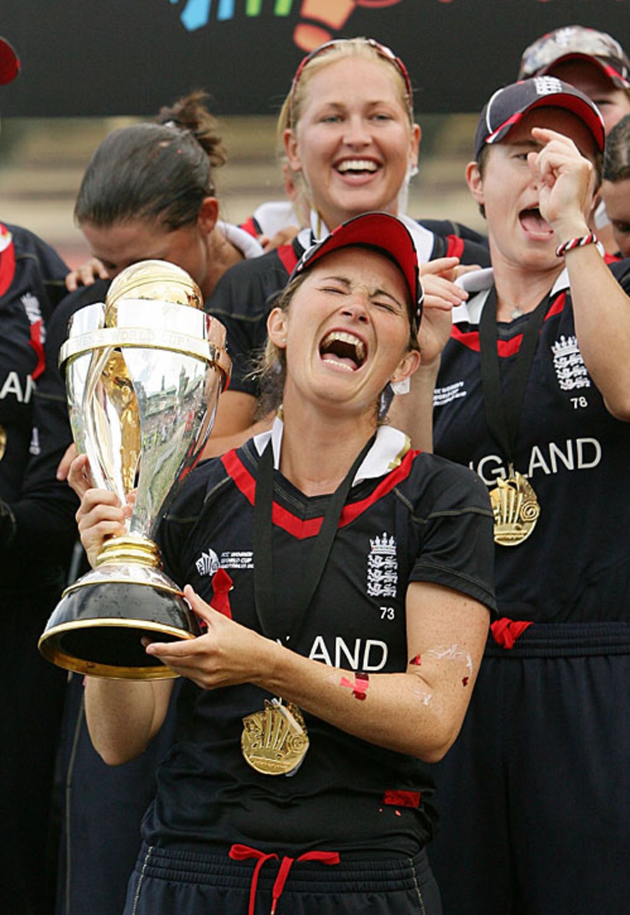 An ecstatic Charlotte Edwards lifts the World Cup, England v New Zealand, women's World Cup final, Sydney, March 22, 2009
