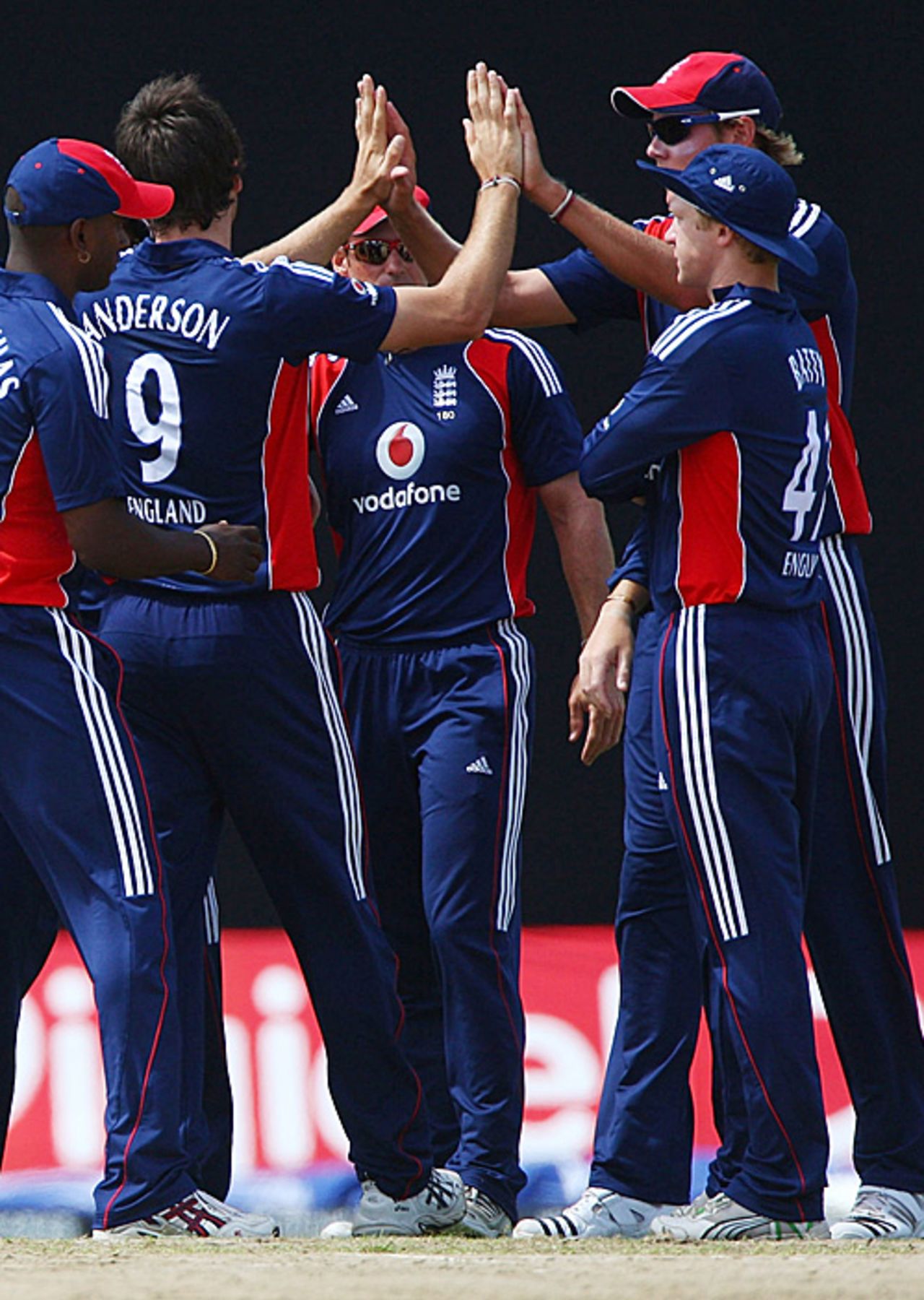 James Anderson is given high-fives after removing Chris Gayle, West Indies v England, 2nd ODI, Providence
