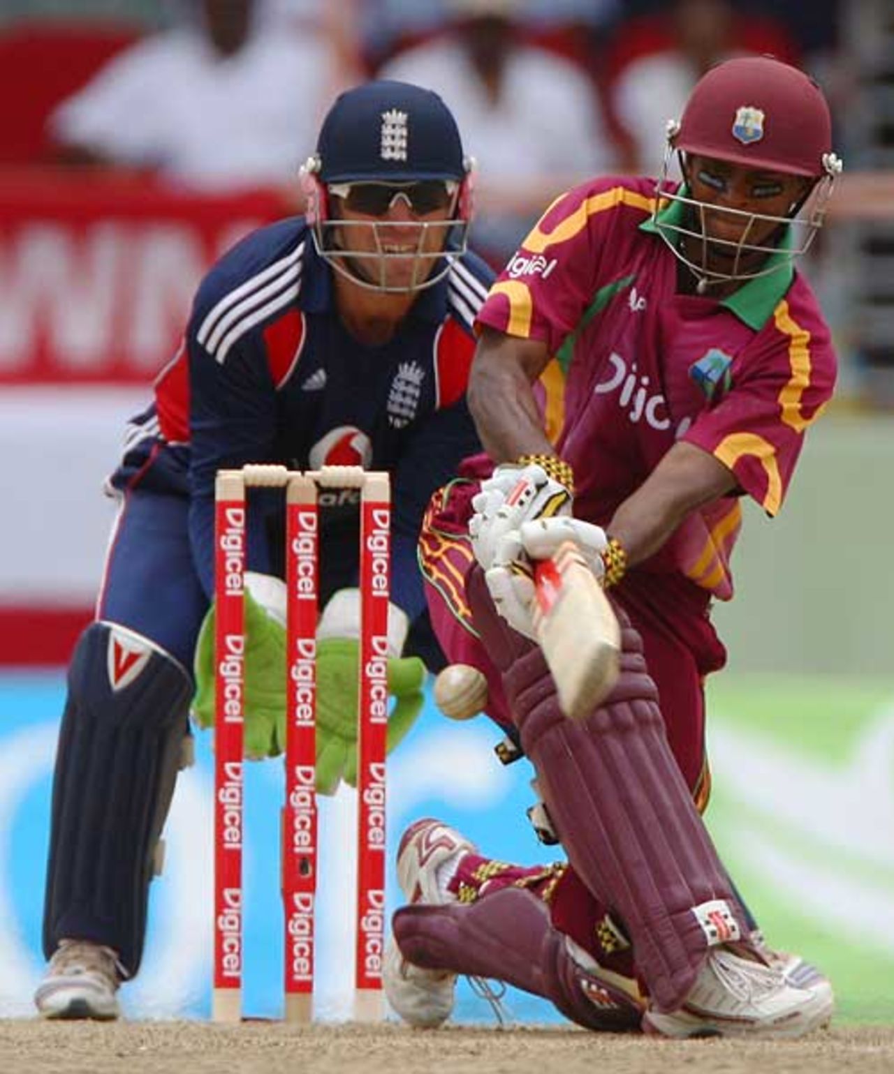 Shivnarine Chanderpaul sweeps during his century, West Indies v England, 2nd ODI, Providence