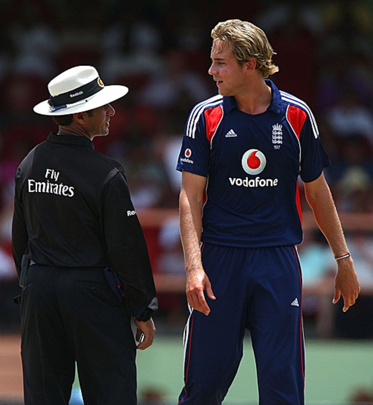 Stuart Broad and Aleem Dar exchange words after the umpire signalled him for several wides, West Indies v England, 2nd ODI, Providence