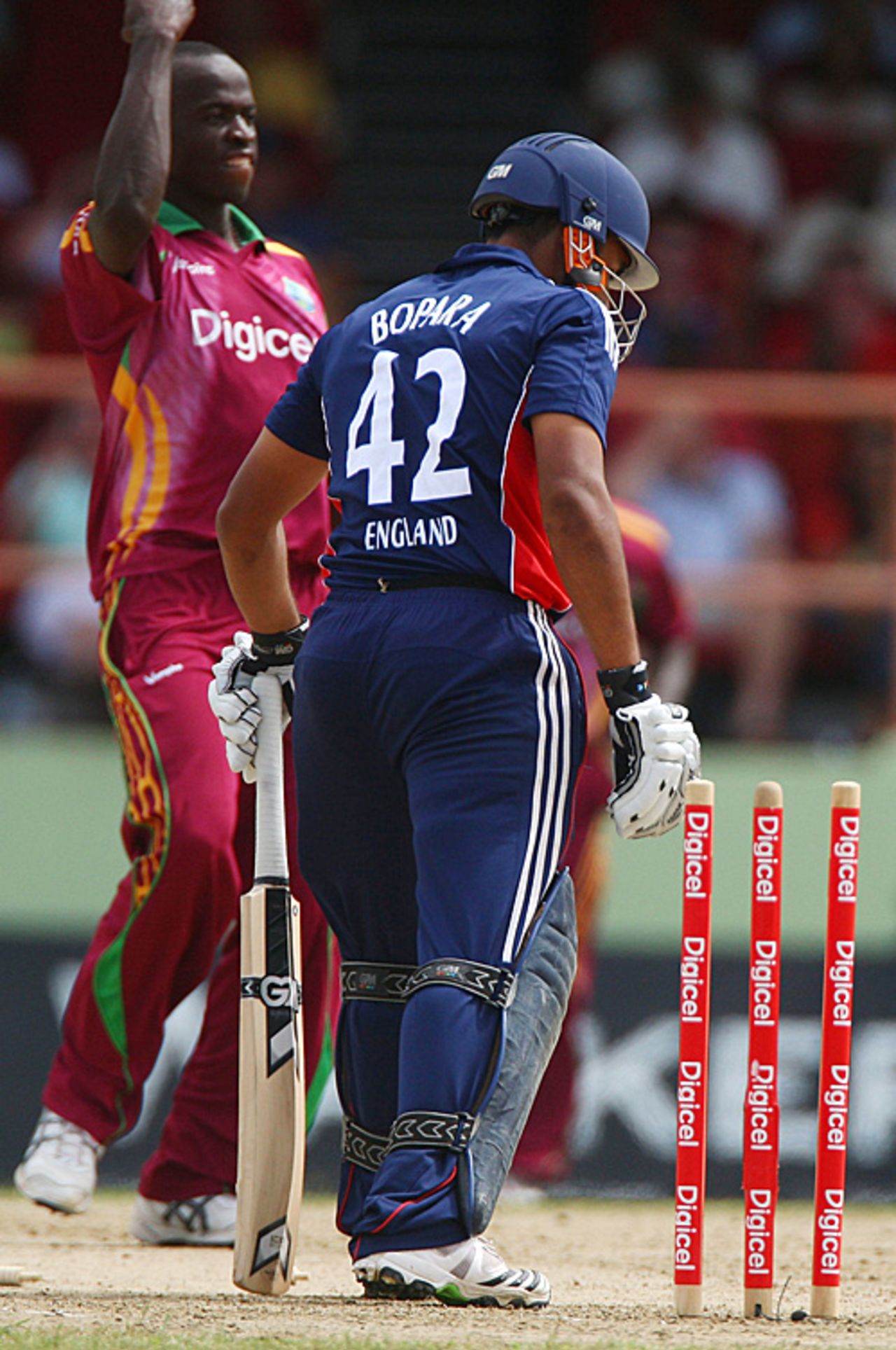 Ravi Bopara is bowled by Lionel Baker, West Indies v England, 2nd ODI, Providence