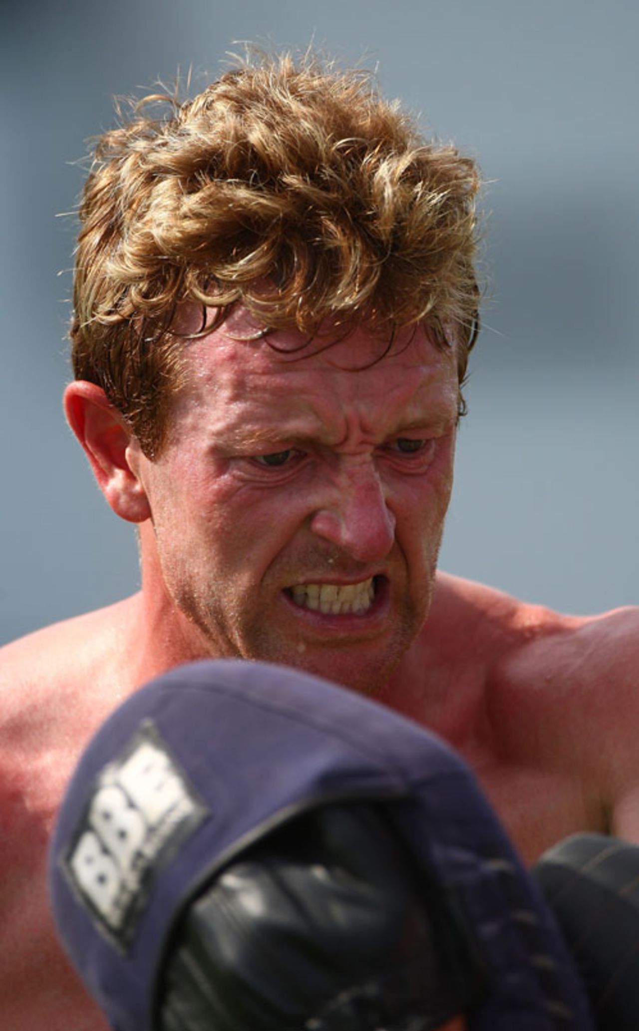Paul Collingwood unleashes some aggression during an England training session, Barbados, March 24, 2009