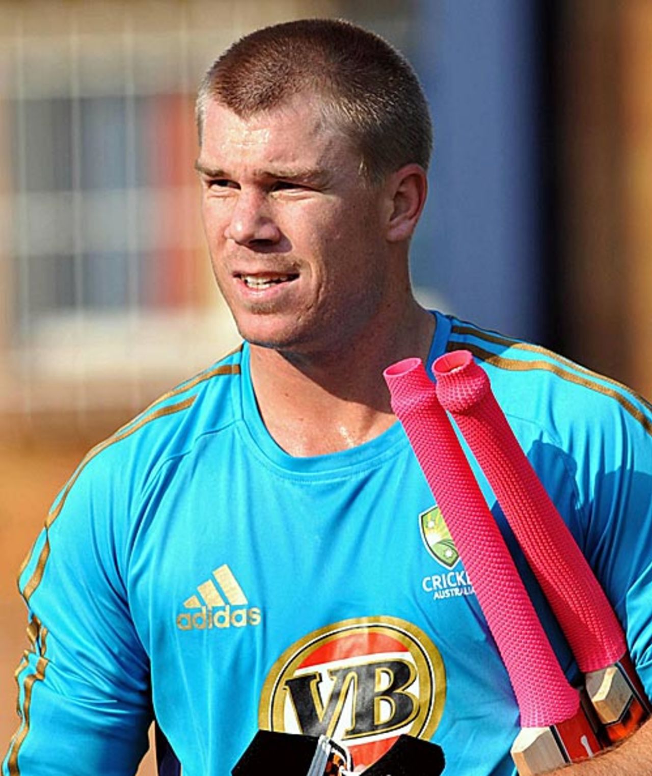 David Warner gears up for a hit at the nets, Johannesburg, March 25, 2009