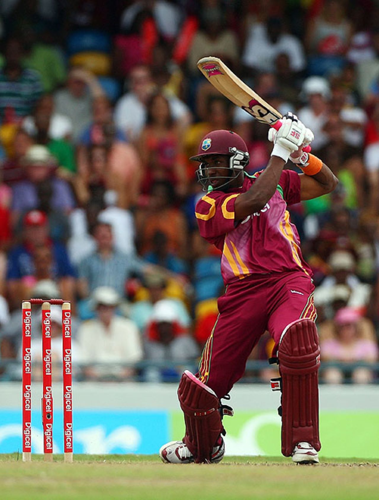 Dwayne Bravo drives through the covers during his 69 from 72 balls, West Indies v England, 4th ODI, Bridgetown, March 29, 2009