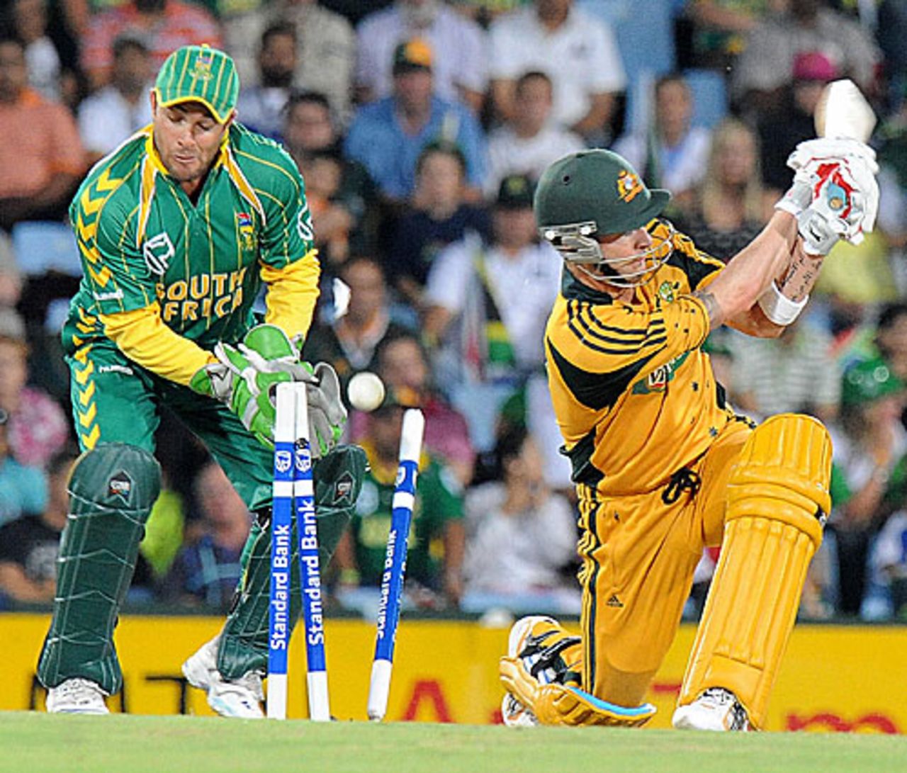 Michael Clarke sweeps and his leg stump is knocked out cold by Johan Botha, South Africa v Australia, 2nd Twenty20, Centurion, March 29, 2009