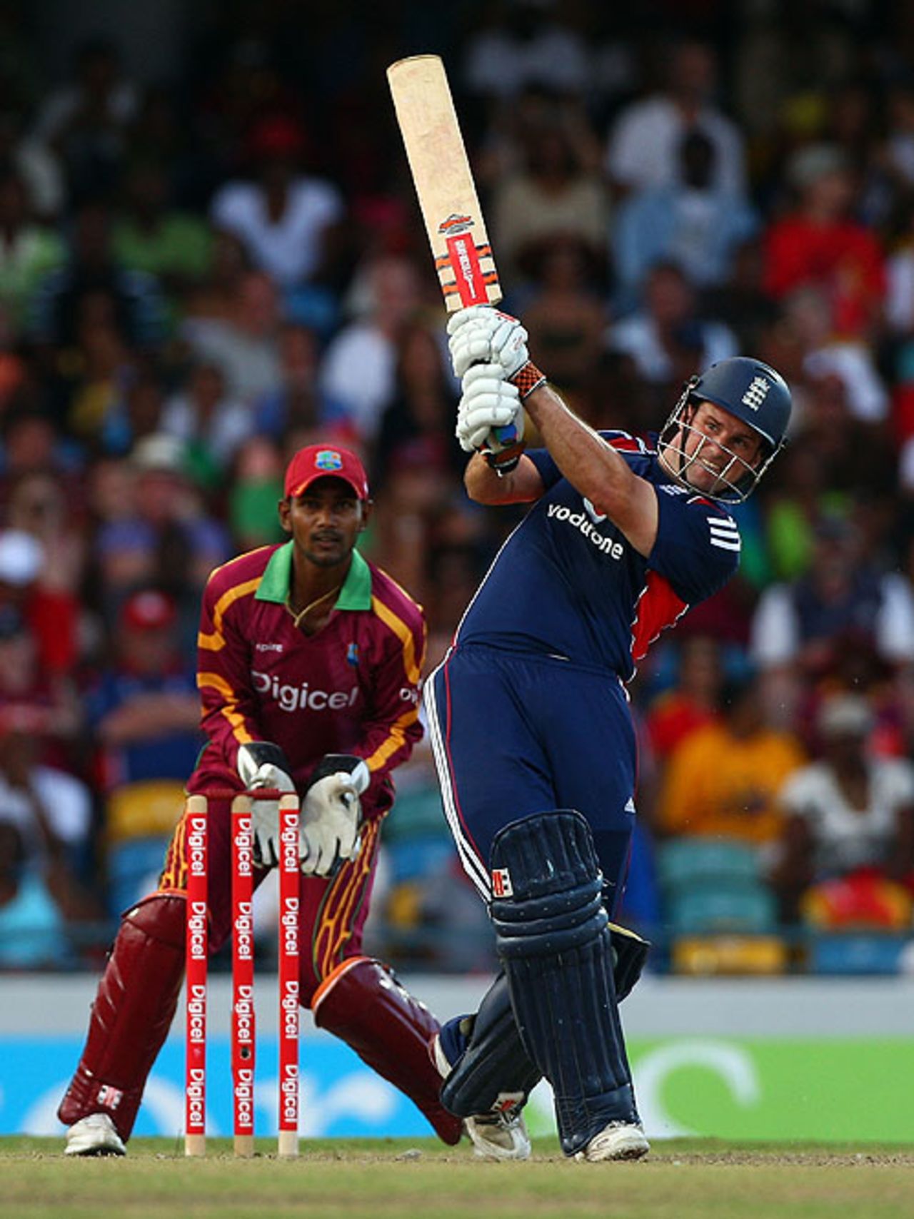 Andrew Strauss launches another boundary during his remarkable matchwinning innings, West Indies v England, 4th ODI, Bridgetown, March 29, 2009