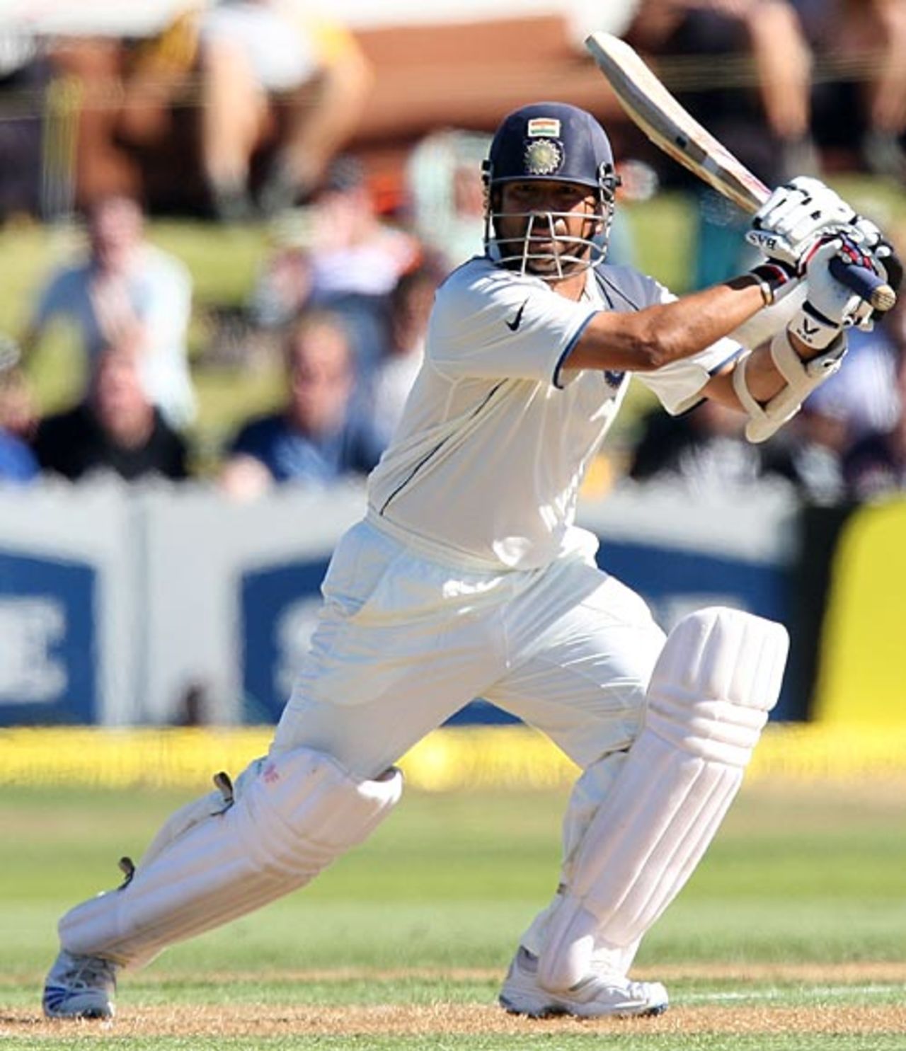 Sachin Tendulkar drives, New Zealand v India, 3rd Test, Wellington, 1st day, April 3, 2009