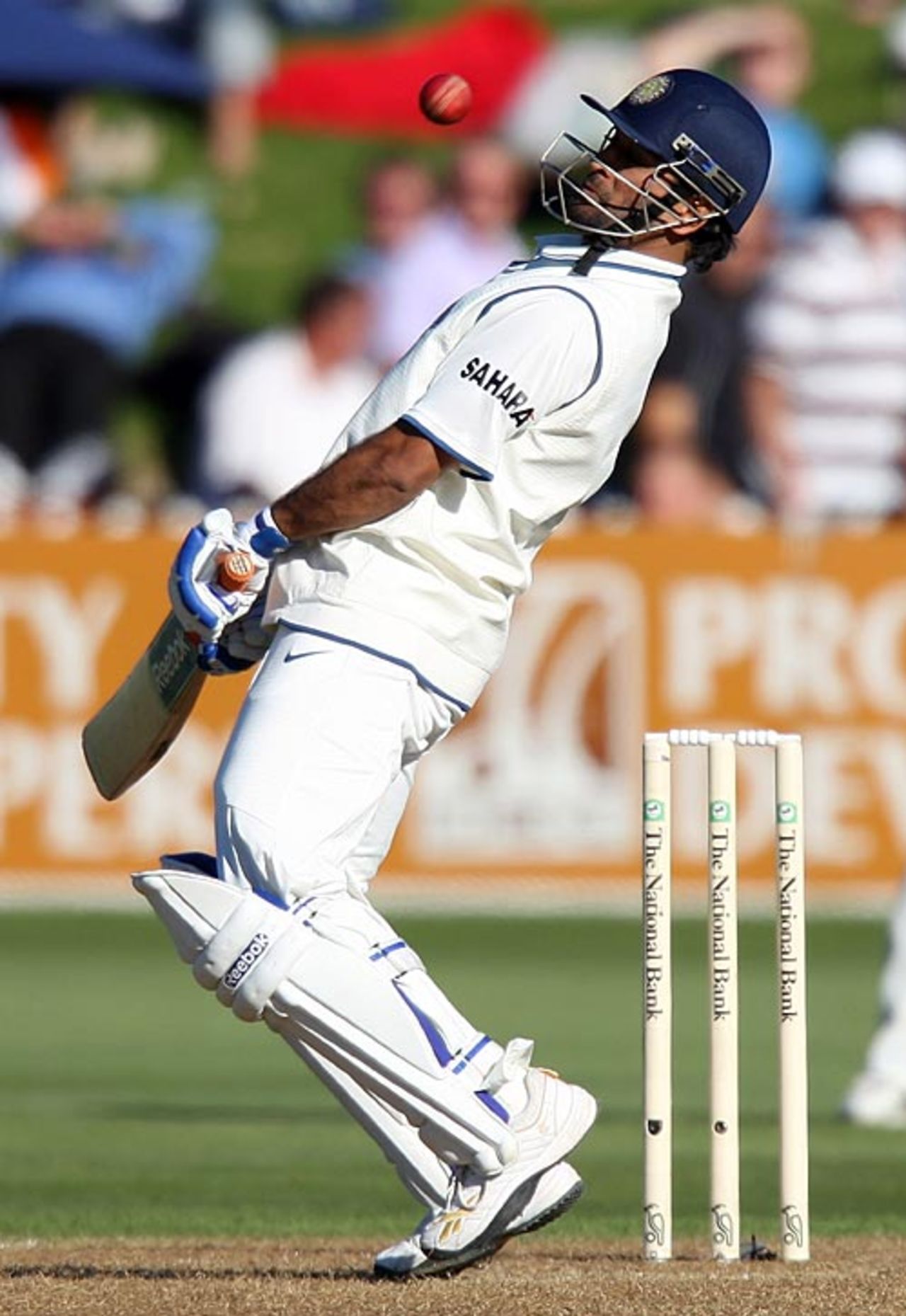 MS Dhoni evades a short ball, New Zealand v India, 3rd Test, Wellington, 1st day, April 3, 2009