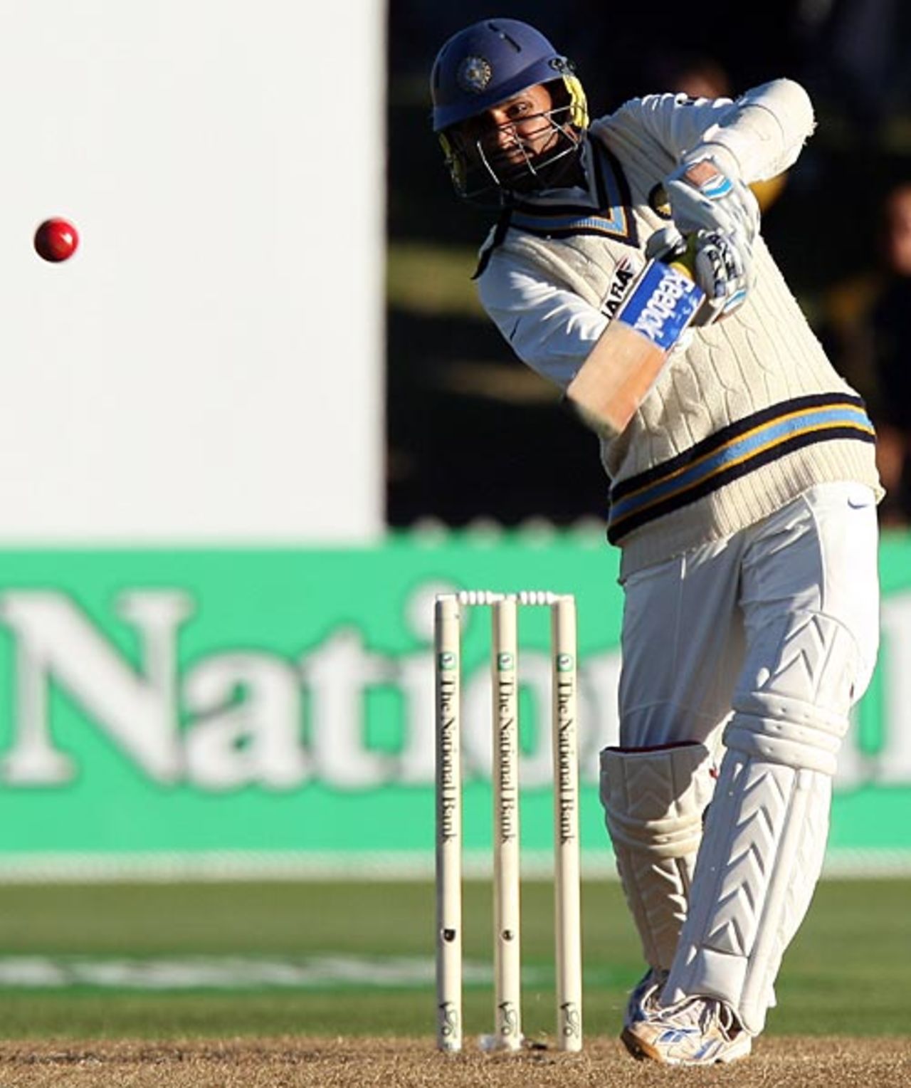 Harbhajan Singh hits on the up, New Zealand v India, 3rd Test, Wellington, 1st day, April 3, 2009