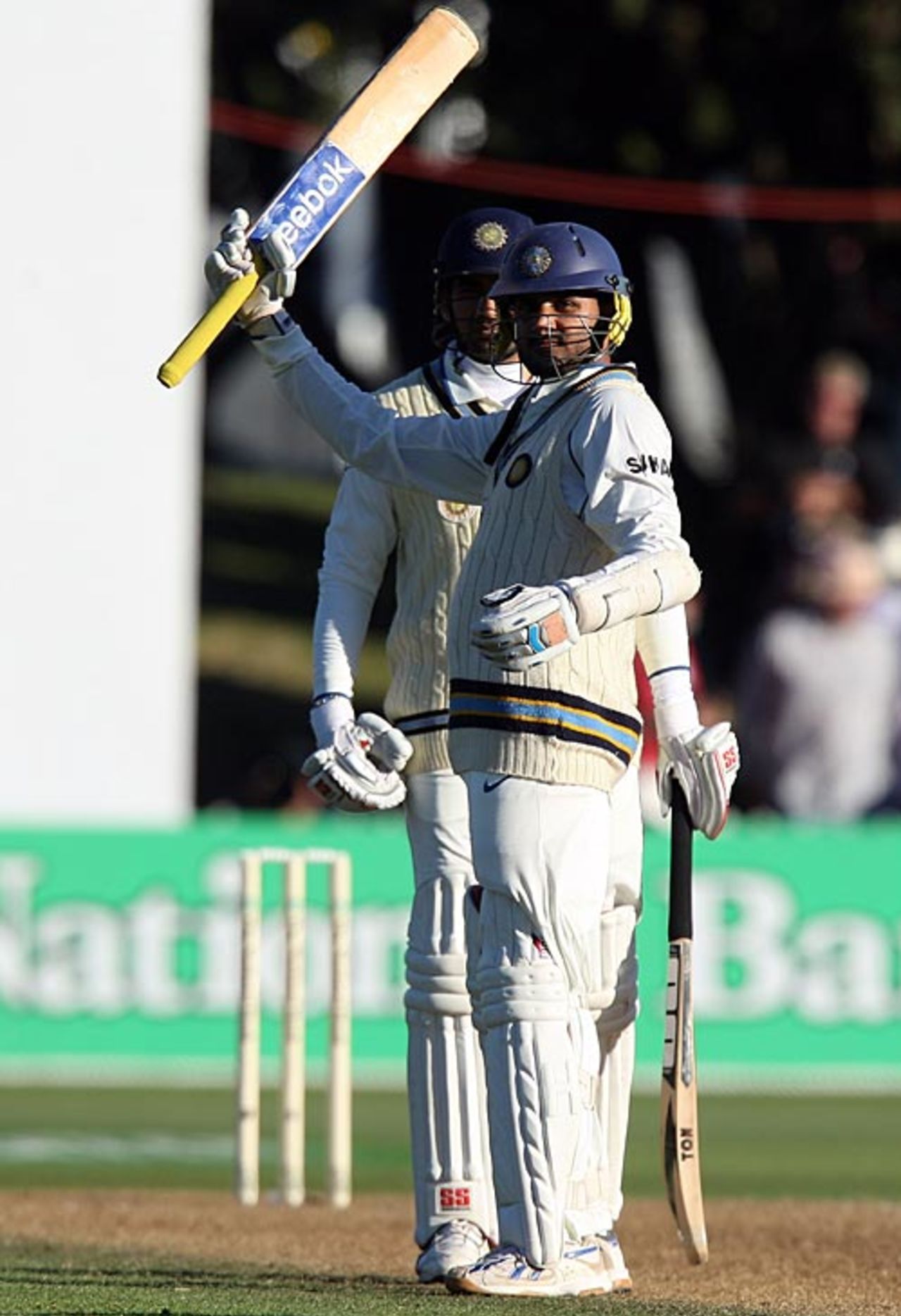 Harbhajan Singh raises his bat after reaching fifty, New Zealand v India, 3rd Test, Wellington, 1st day, April 3, 2009