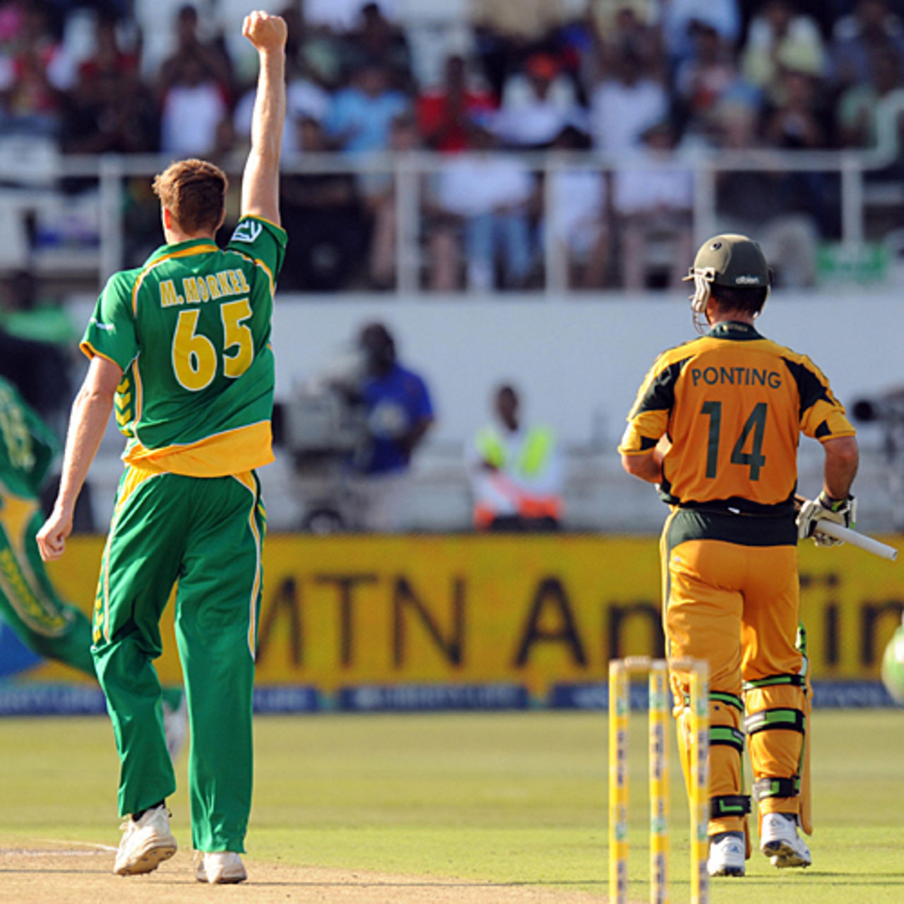 Morne Morkel exults after sending back Ricky Ponting, South Africa v Australia, 1st ODI, Durban, April 3, 2009