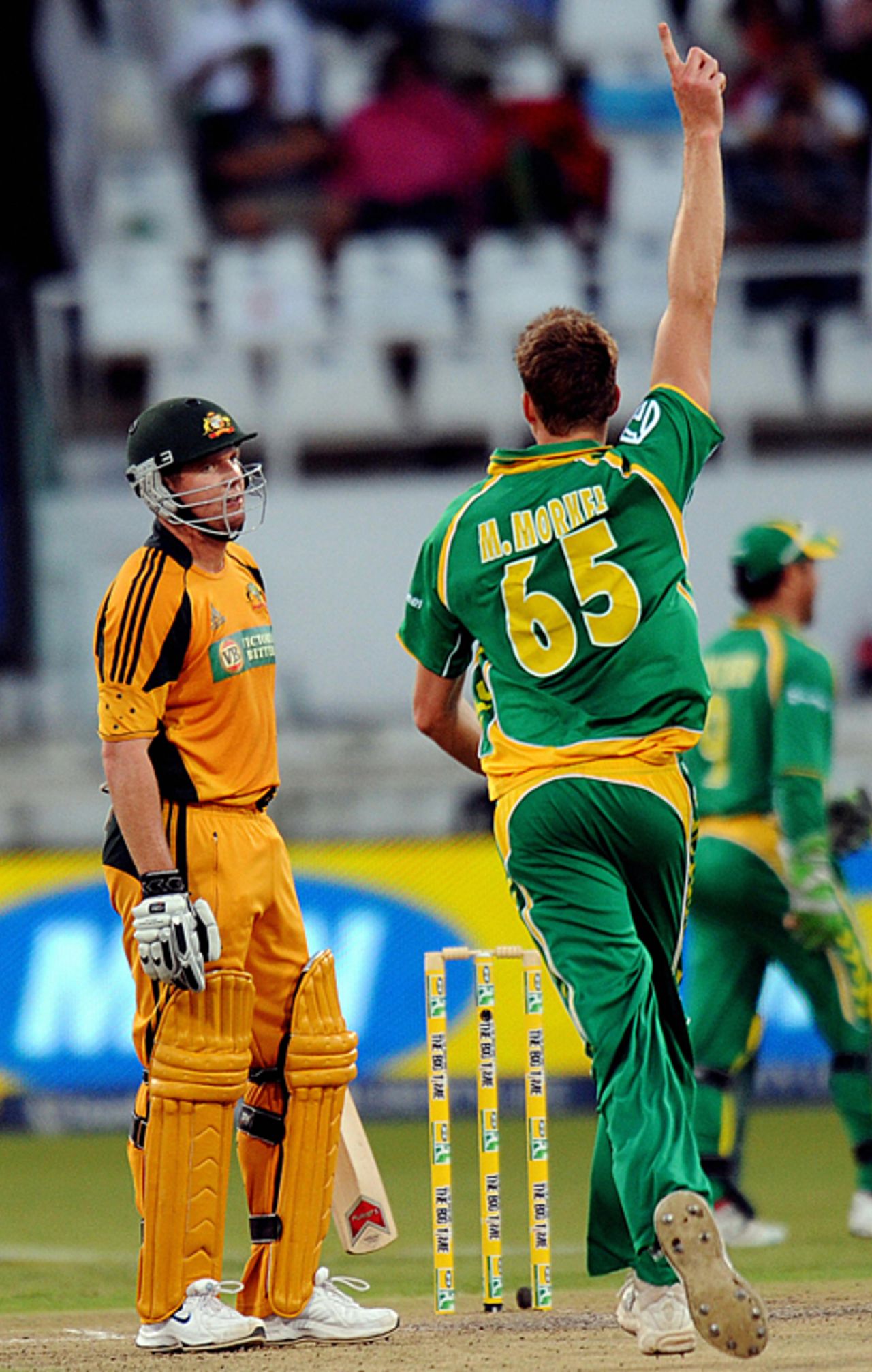Morne Morkel celebrates the dismissal of James Hopes, South Africa v Australia, 1st ODI, Durban, April 3, 2009