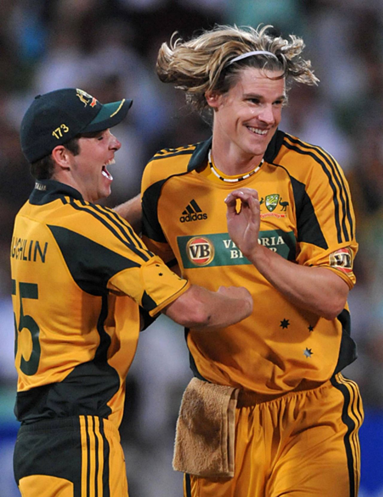 Ben Laughlin celebrates with Nathan Bracken, South Africa v Australia, 1st ODI, Durban, April 3, 2009
