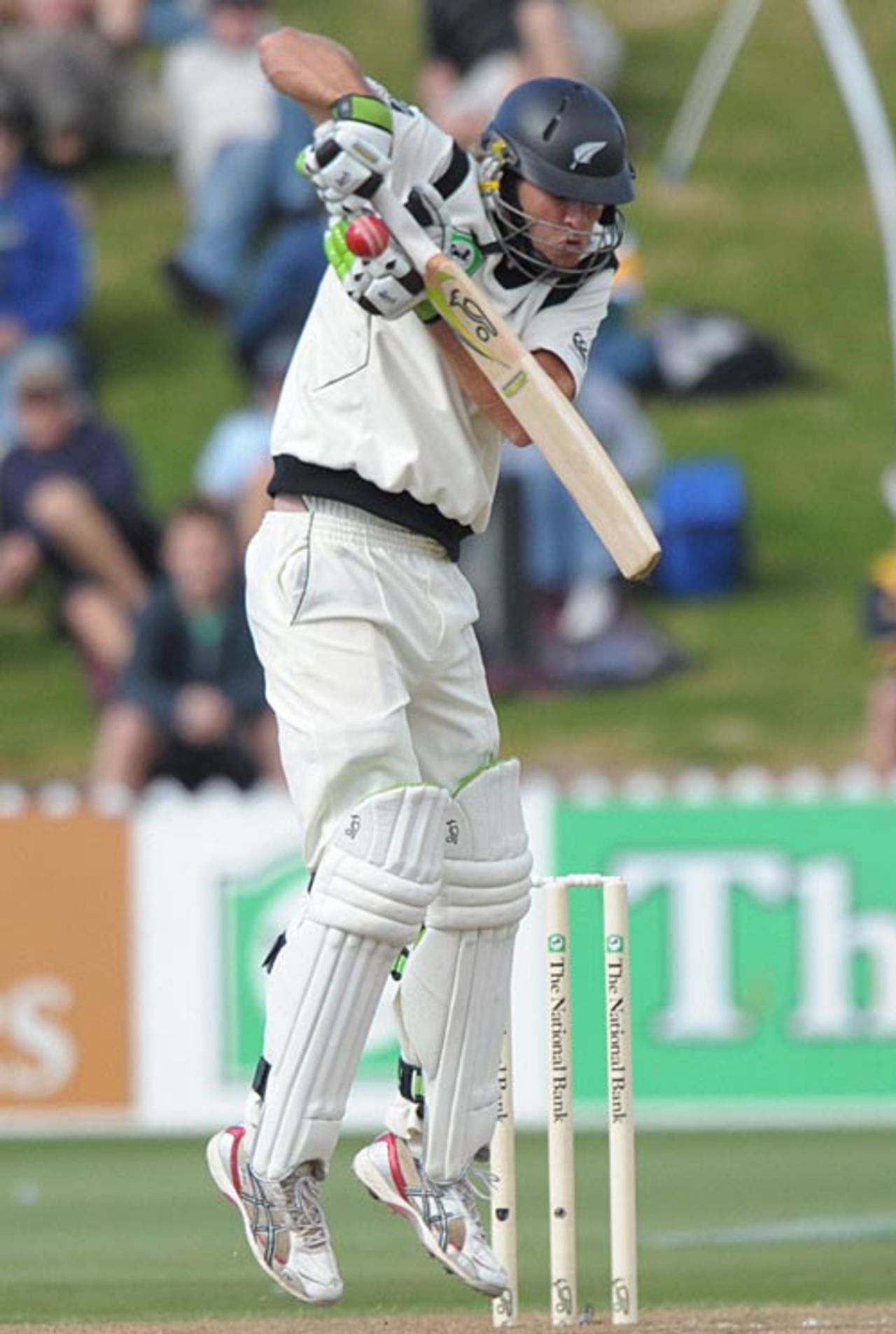 Tim McIntosh defends awkwardly, New Zealand v India, 3rd Test, Wellington, 2nd day, April 4, 2009
