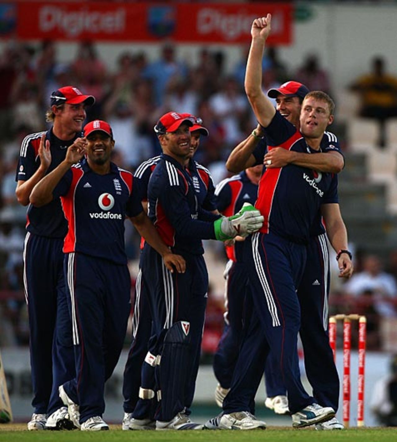 England celebrate Andrew Flintoff's hat-trick, West Indies v England, 5th ODI, St Lucia, April 3, 2009