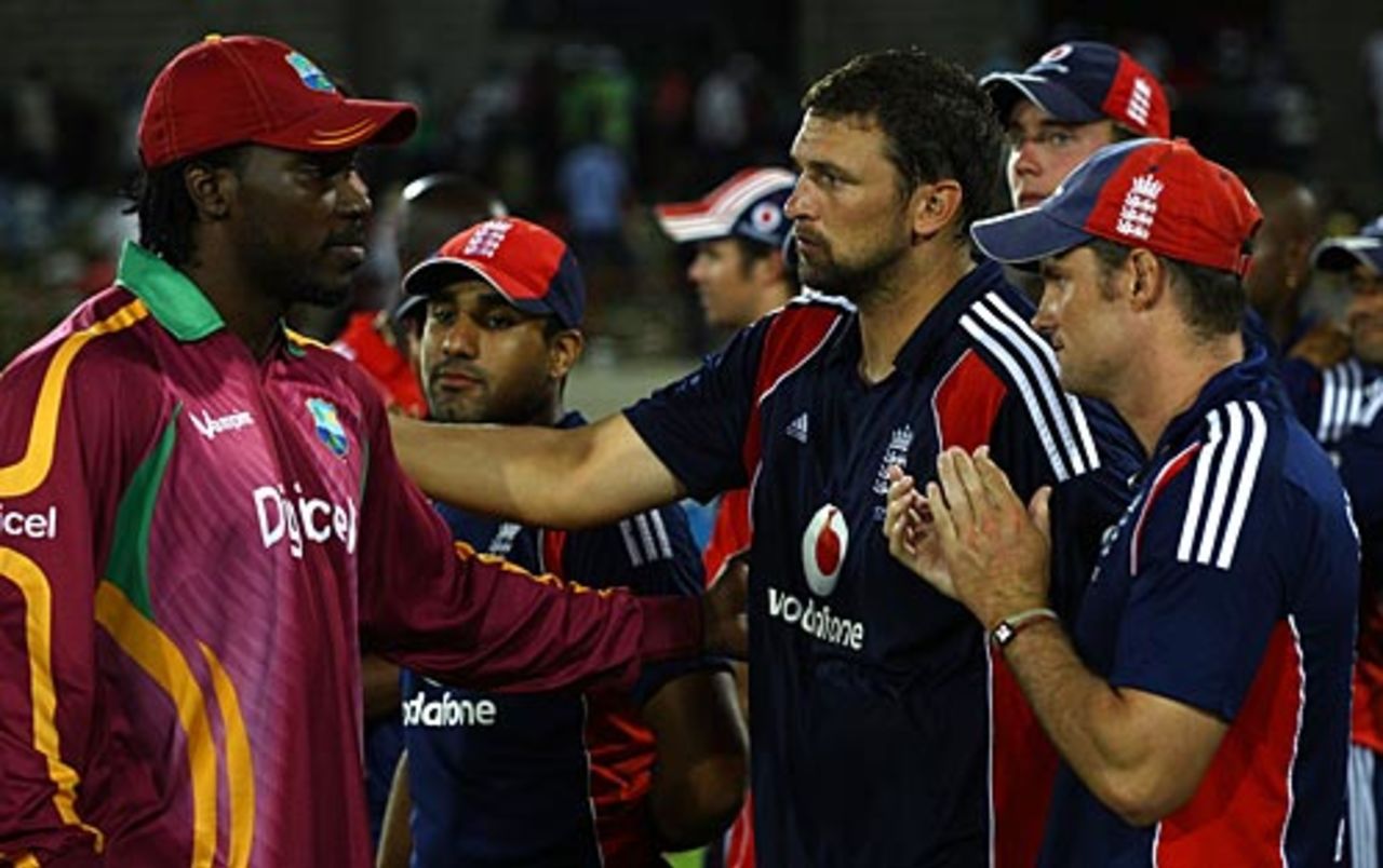 Chris Gayle congratulates the England players, West Indies v England, 5th ODI, St Lucia, April 3, 2009