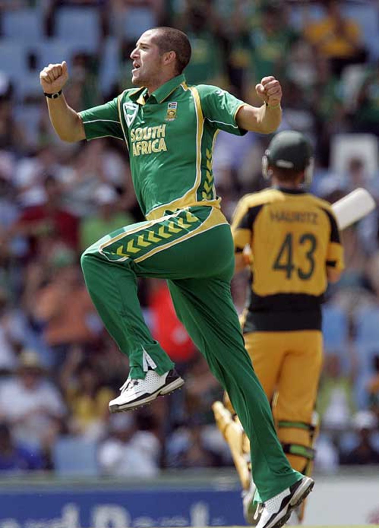 Wayne Parnell jumps after another wicket falls, South Africa v Australia, 2nd ODI, Centurion, April 5, 2009 
