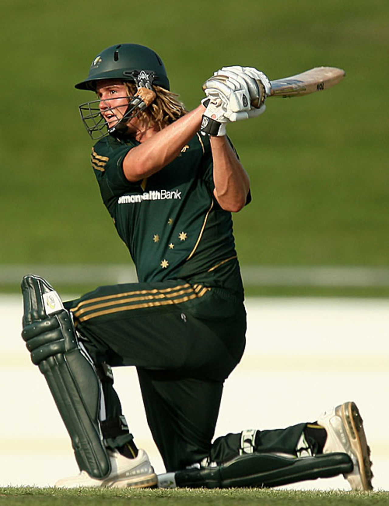 Tom Beaton powers one straight down the ground, Australia Under-19s v India Under-19s, 2nd match, Hobart, April 9, 2009