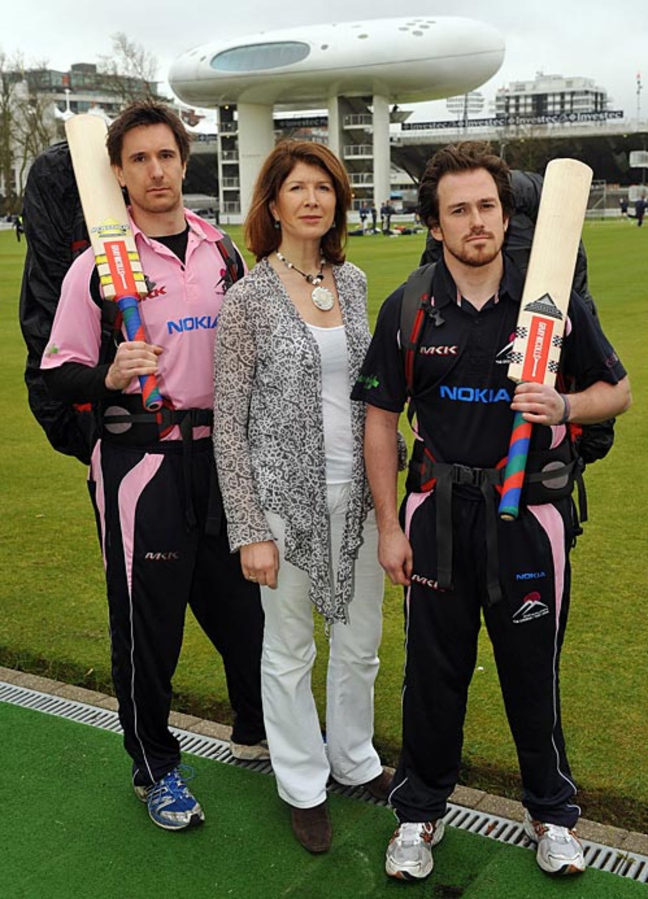 Gareth Wesley, Rebecca Stephens, the first British woman to climb Mount Everest, and Richard Kirtley, ahead of their attempt to hold the world's highest cricket game on Mount Everest, Lord's, April 9, 2009
