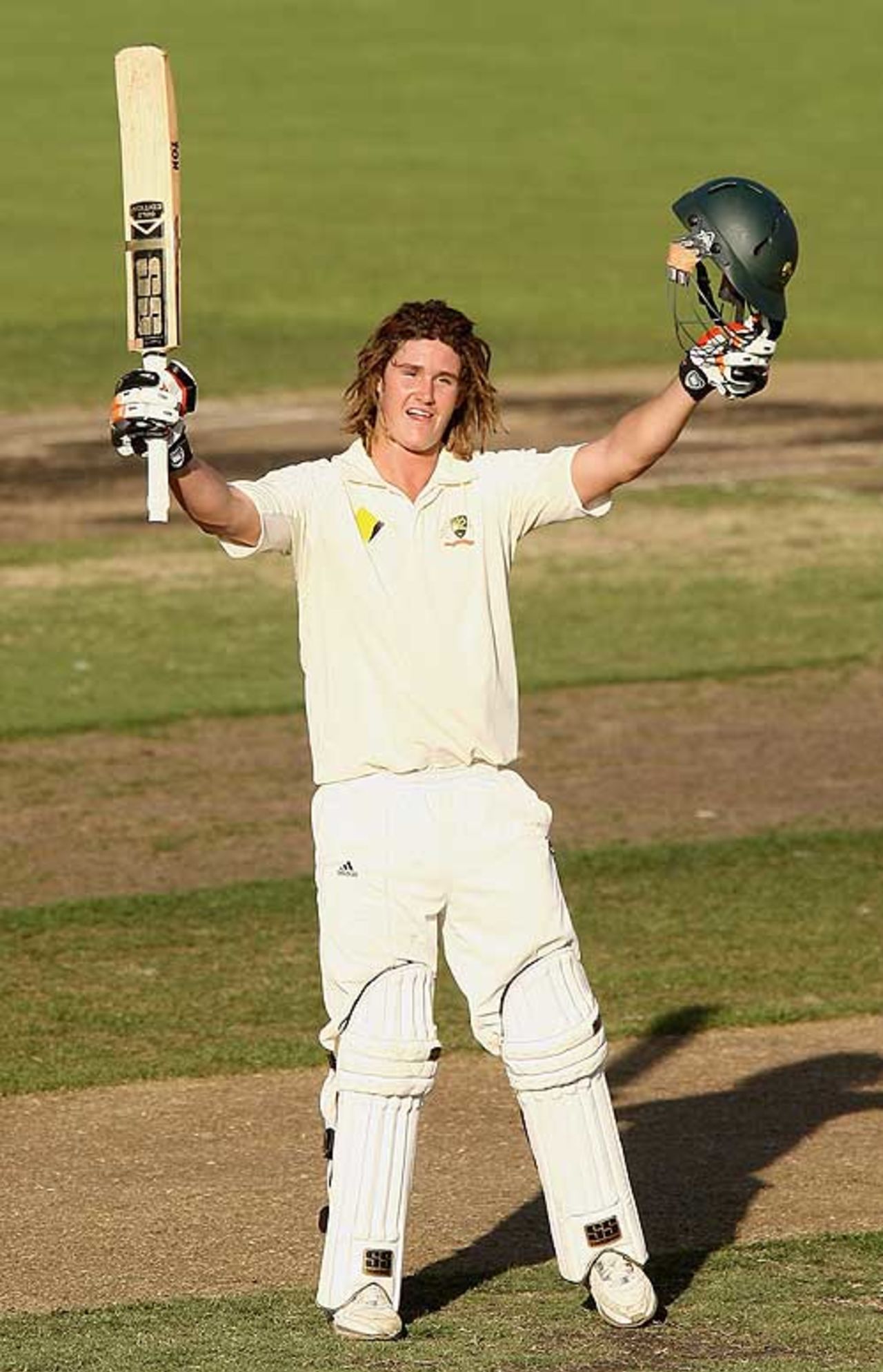 Tom Beaton celebrates his century, Australia Under-19 v India Under-19, 1st Test, Hobart, 1st day, April 11 2009