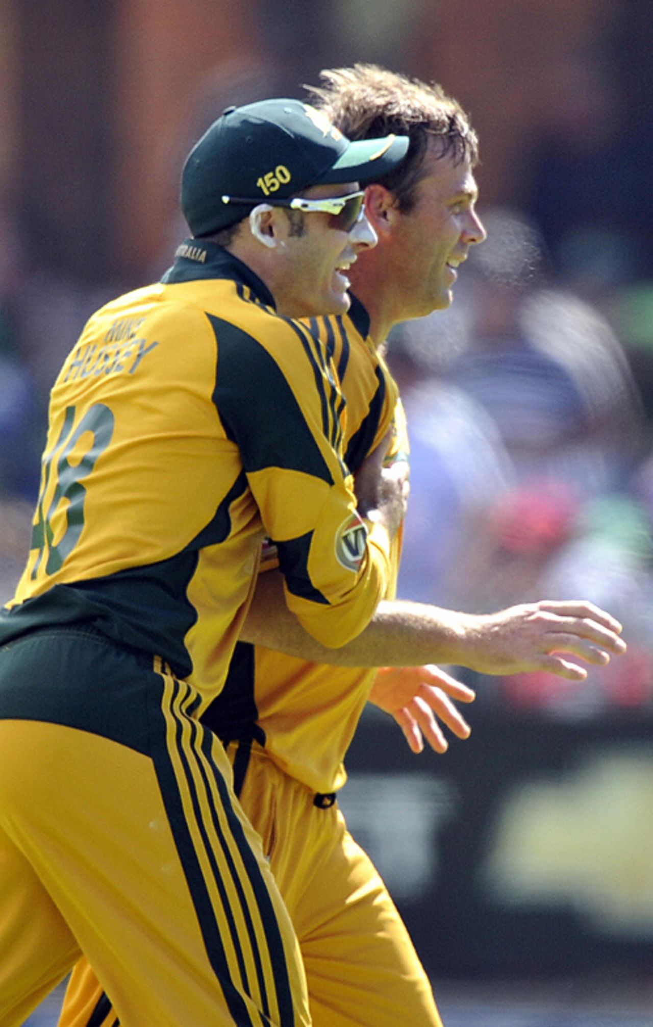 Michael Hussey congratulates Shane Harwood on his first ODI wicket, South Africa v Australia, 4th ODI, Port Elizabeth, April 13, 2009