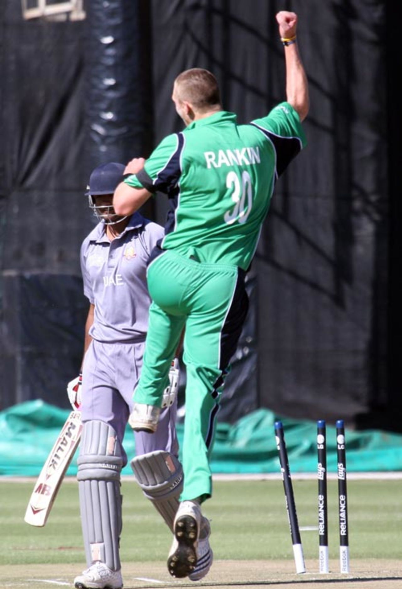 Ireland's Boyd Rankin jumps for joy after picking a wicket, Ireland v UAE, ICC World Cup Qualifiers, Super Eights, Johannesburg, April 13, 2009