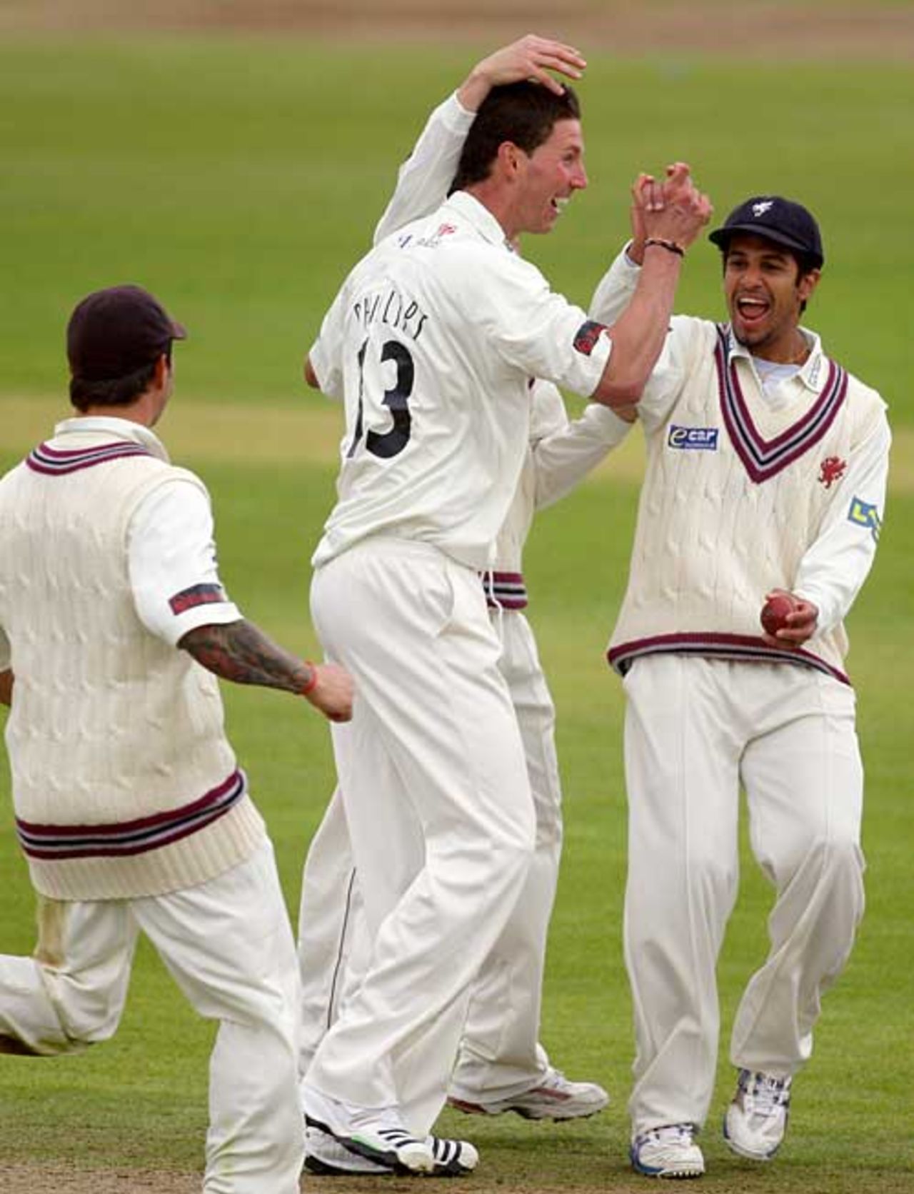 Ben Phillips celebrates one of his three first-session wickets, Somerset v Warwickshire, County Championship Division One, Taunton, April 15, 2009