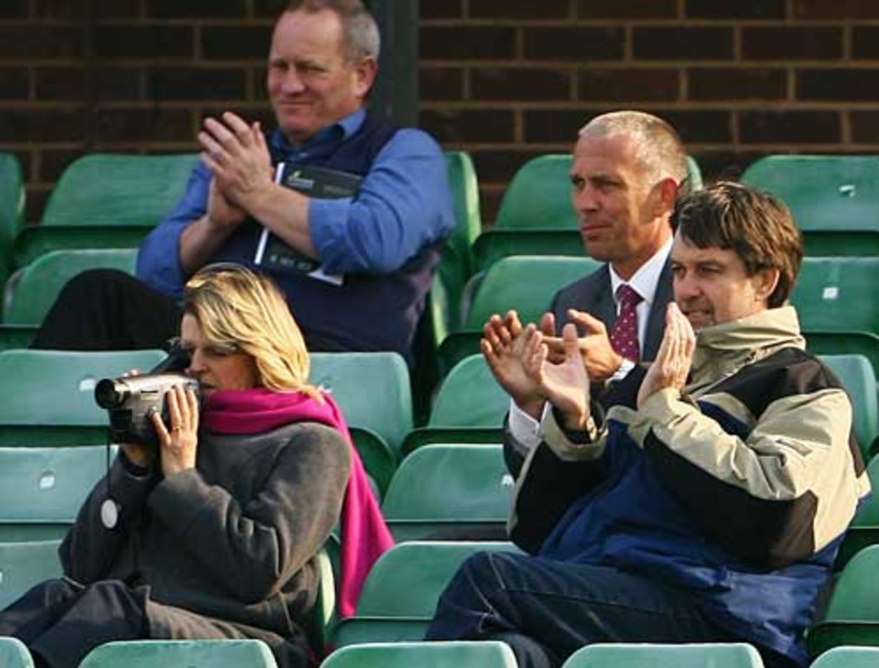 Peter Willey (far right) applauds his son's fifty on debut for Northamptonshire with England selector, James Whitaker, behind him, Leicestershire v Northamptonshire, County Championship Division Two, Grace Road, April 15, 2009