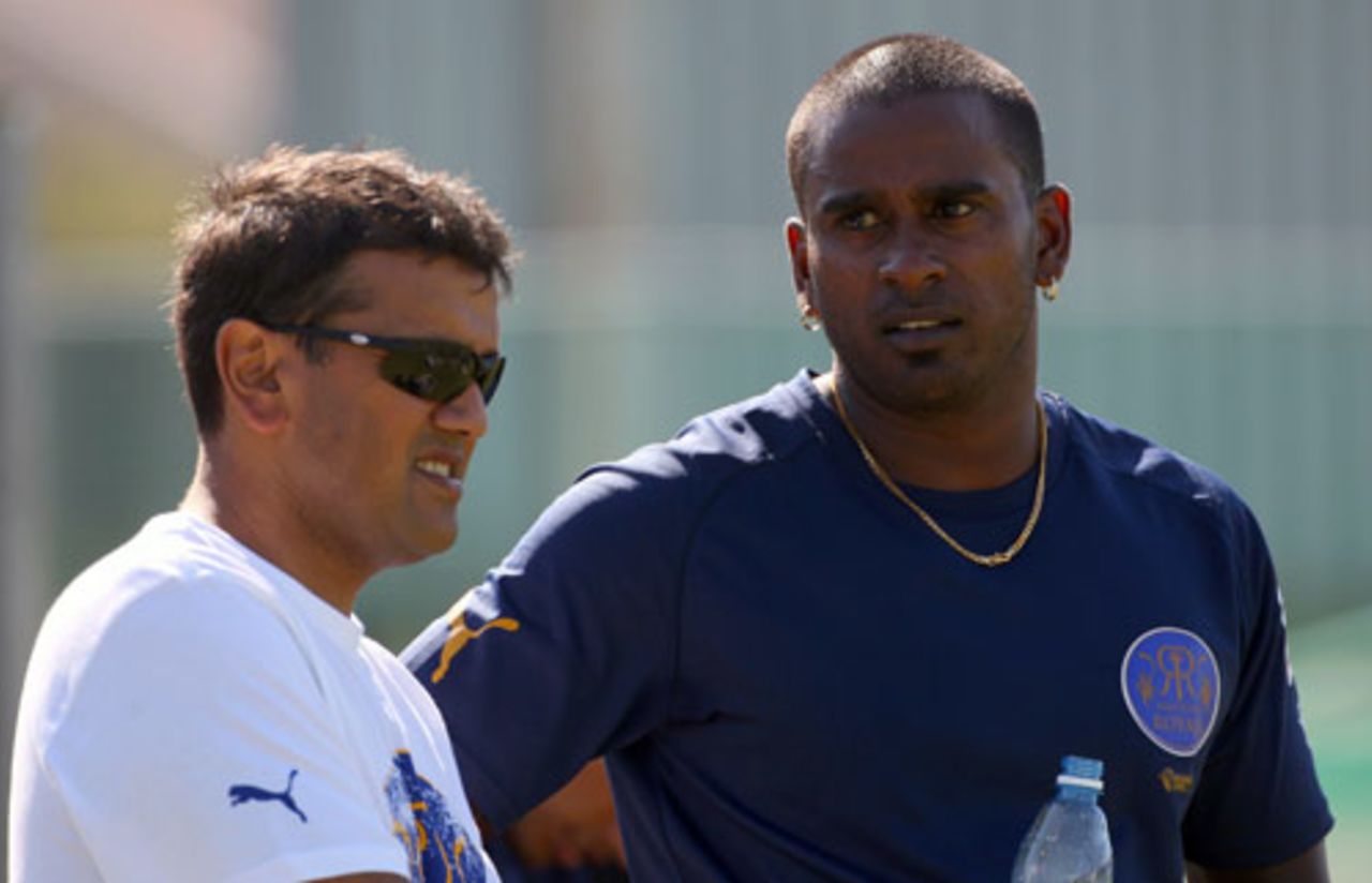 Co-owner of Rajasthan Royals, Manoj Badale, chats with Dimitri Mascarenhas, Cape Town, April 15, 2009