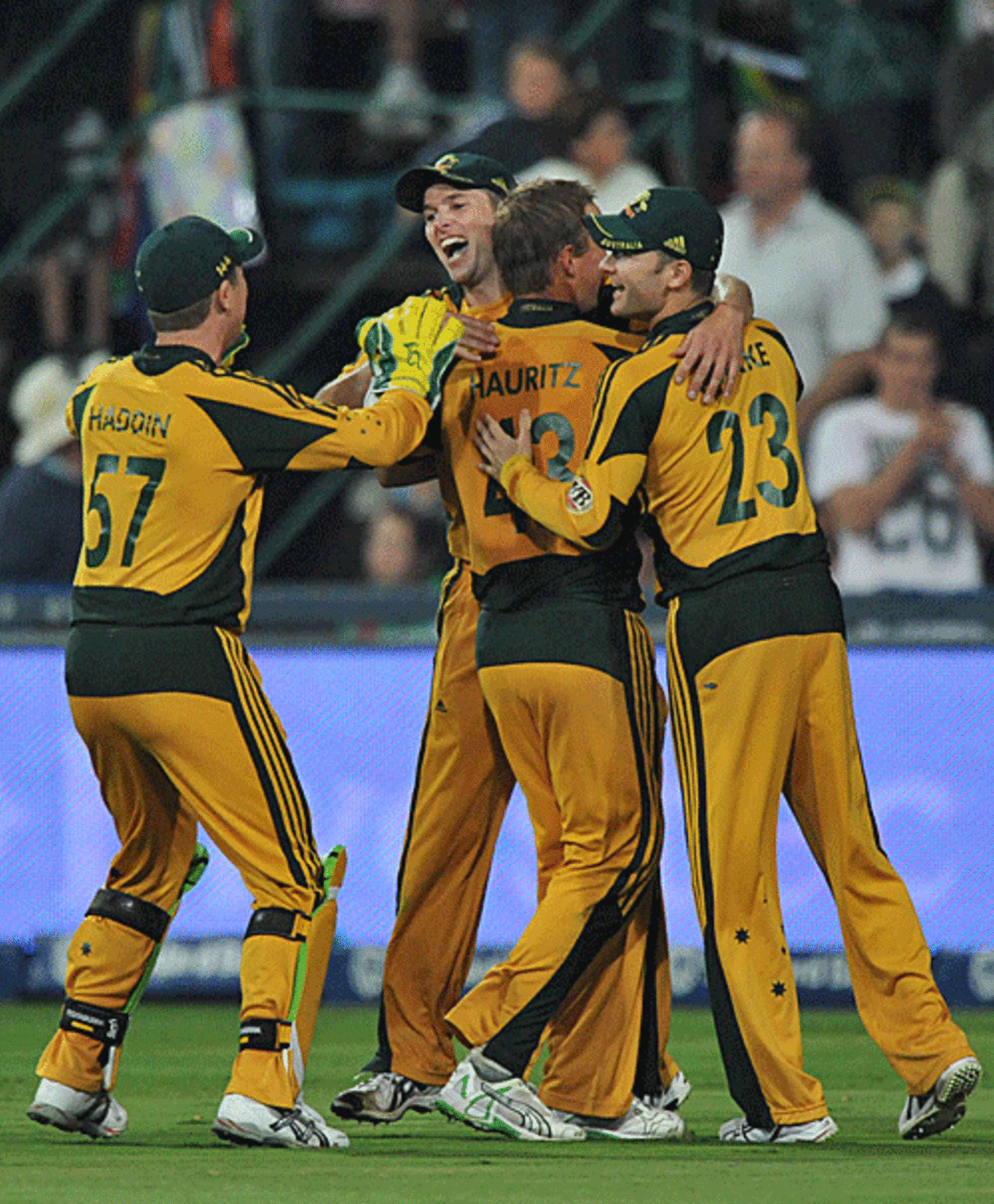 Ben Laughlin is mobbed after taking a stunning catch to dismiss Albie Morkel, South Africa v Australia, 5th ODI, Johannesburg, April 17, 2009