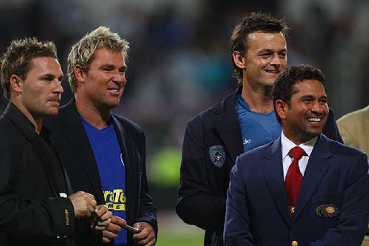 Brendon McCullum, Shane Warne, Adam Gilchrist and Sachin Tendulkar wait for the ceremony to start, IPL, Cape Town, April 18, 2009