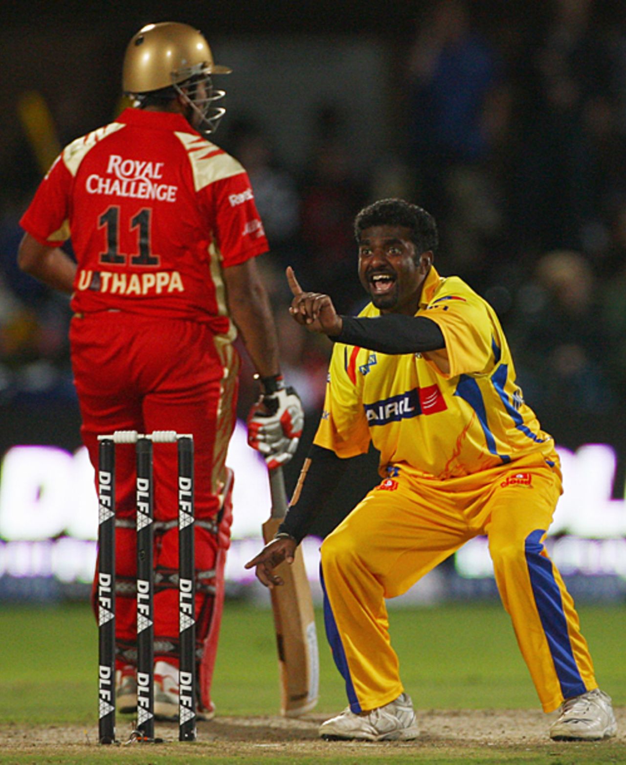Muttiah Muralitharan successfully appeals for an lbw against Kevin Pietersen, Bangalore Royal Challengers v Chennai Super Kings, IPL, 5th game, Port Elizabeth, April 20, 2009
