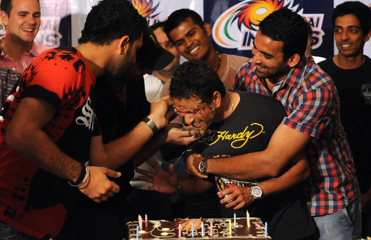 Sachin Tendulkar has cake smeared onto his face at a surprise birthday party, Durban, April 24, 2009