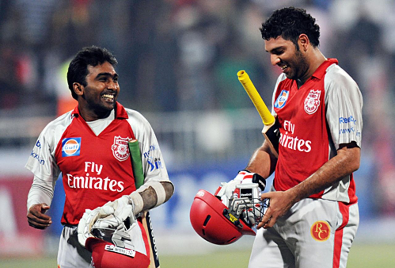 Mahela Jayawardene and Yuvraj Singh are mighty pleased after taking Kings XI Punjab home, Bangalore Royal Challengers v Kings XI Punjab, IPL, 11th match, Durban, April 24, 2009