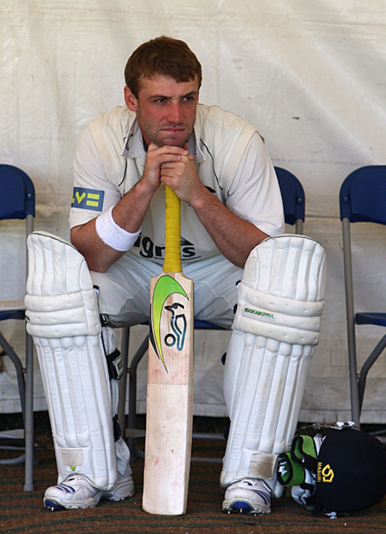 Phillip Hughes, unbeaten on 99 overnight, waits for play to start on the second day, Middlesex v Leicestershire, County Championship, Southgate, April 29, 2009
