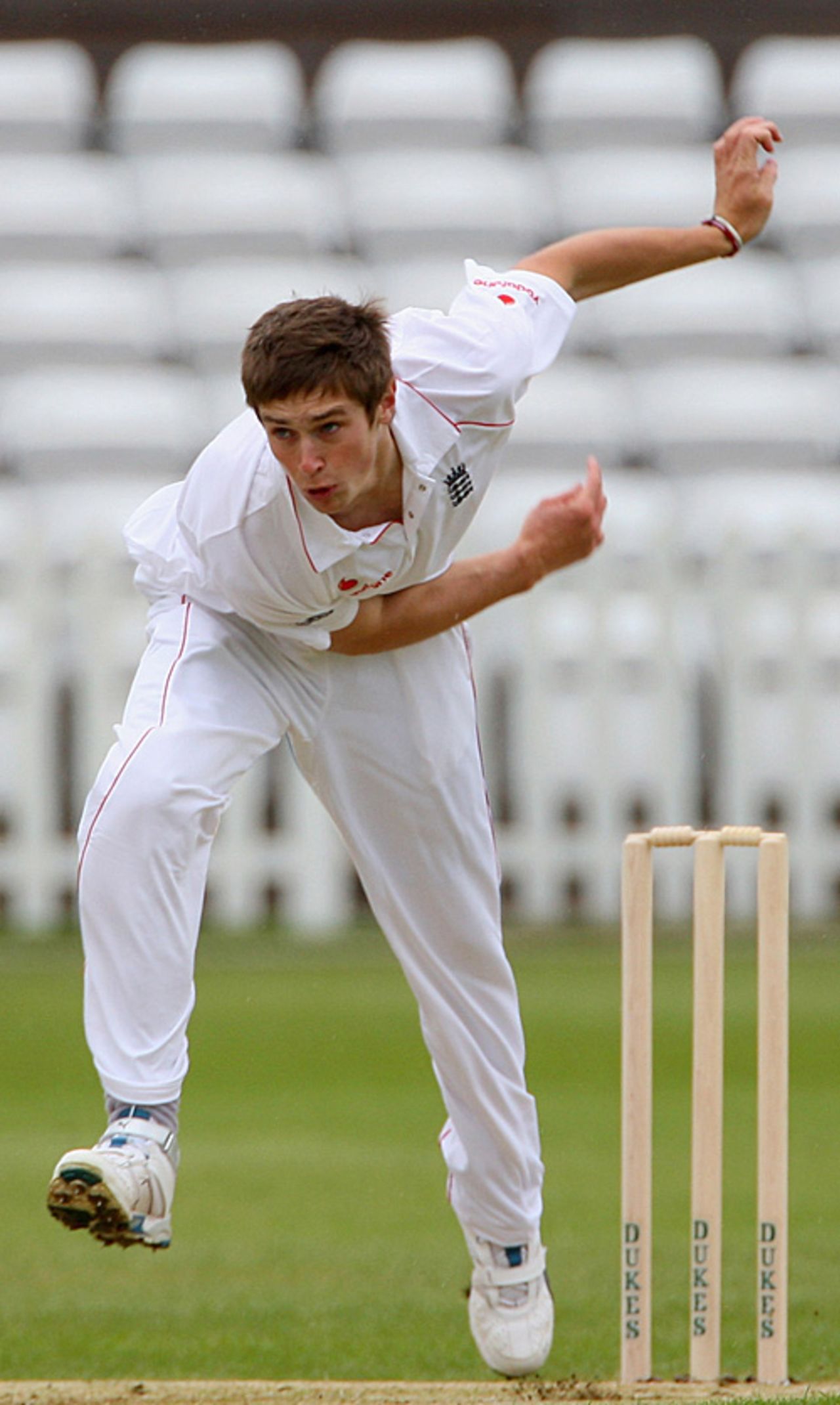 Chris Woakes lets fly another delivery, England Lions v West Indians, Derby, April 30, 2009