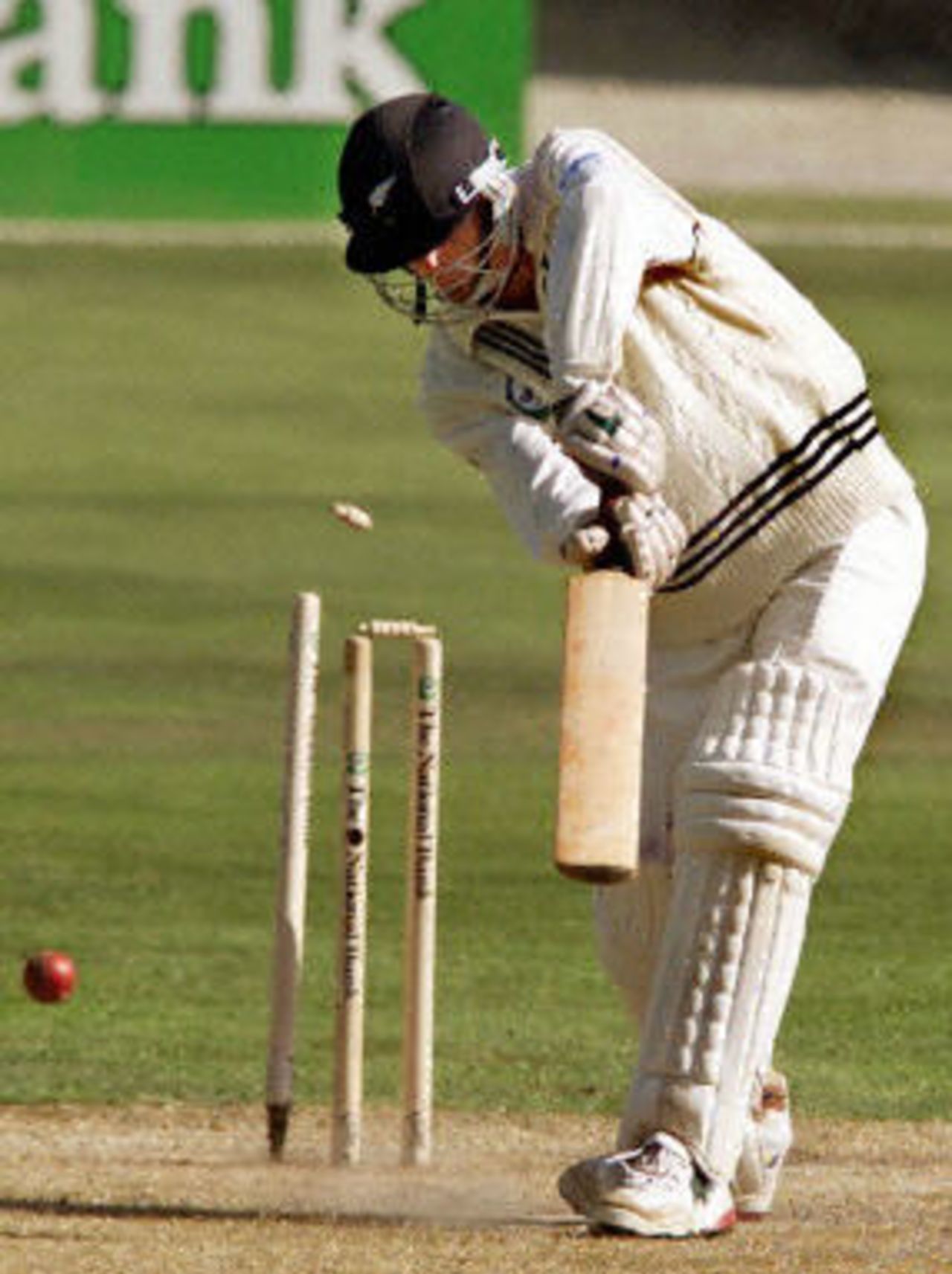 Chris Martin is bowled by Waqar Younis, day 2, 2nd Test at Christchurch, 15-19 March 2001.