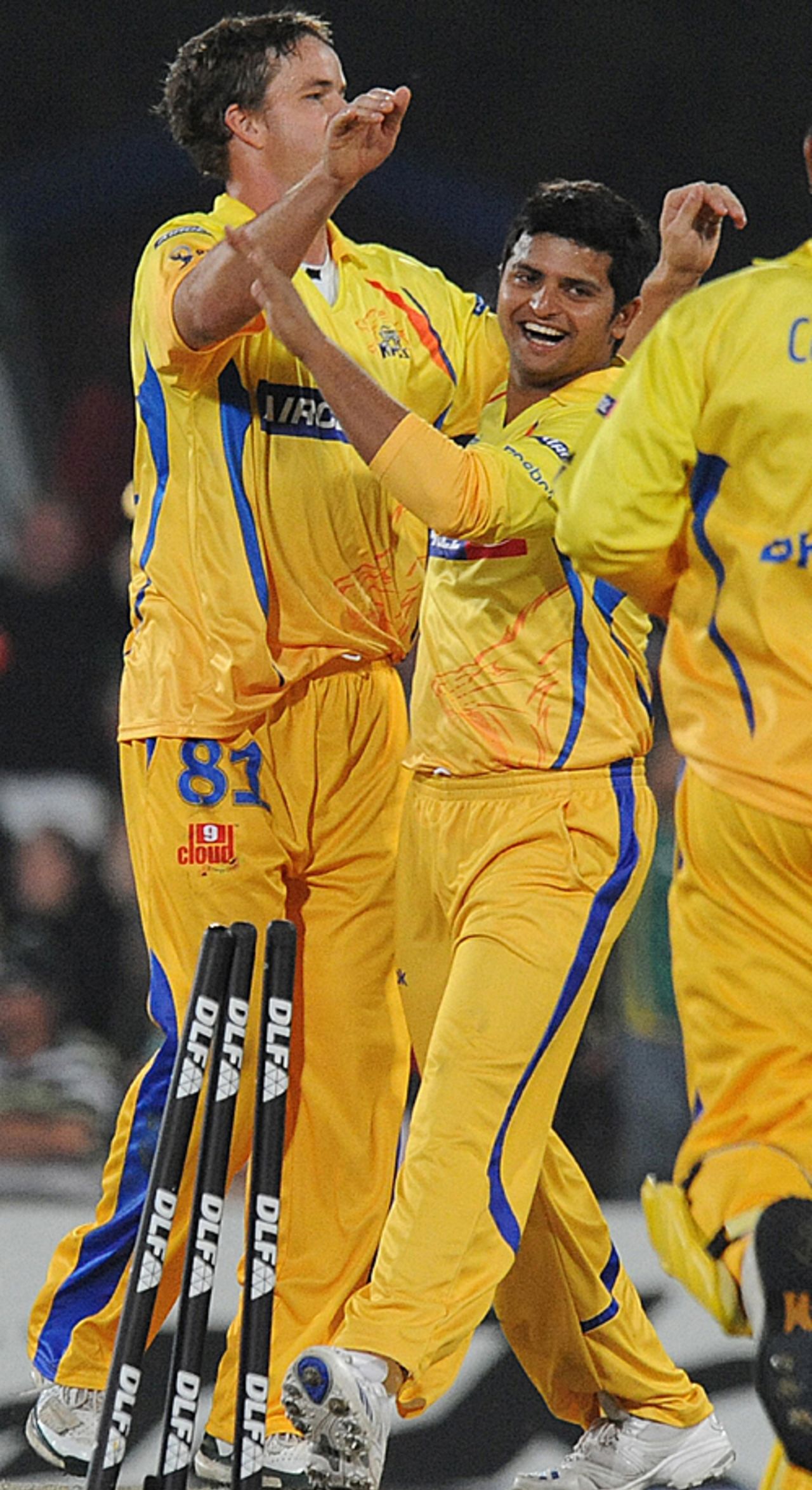 Team-mates mob Albie Morkel after he dismissed Graeme Smith, Chennai Super Kings v Rajasthan Royals, IPL, 22nd match, Centurion, April 30, 2009