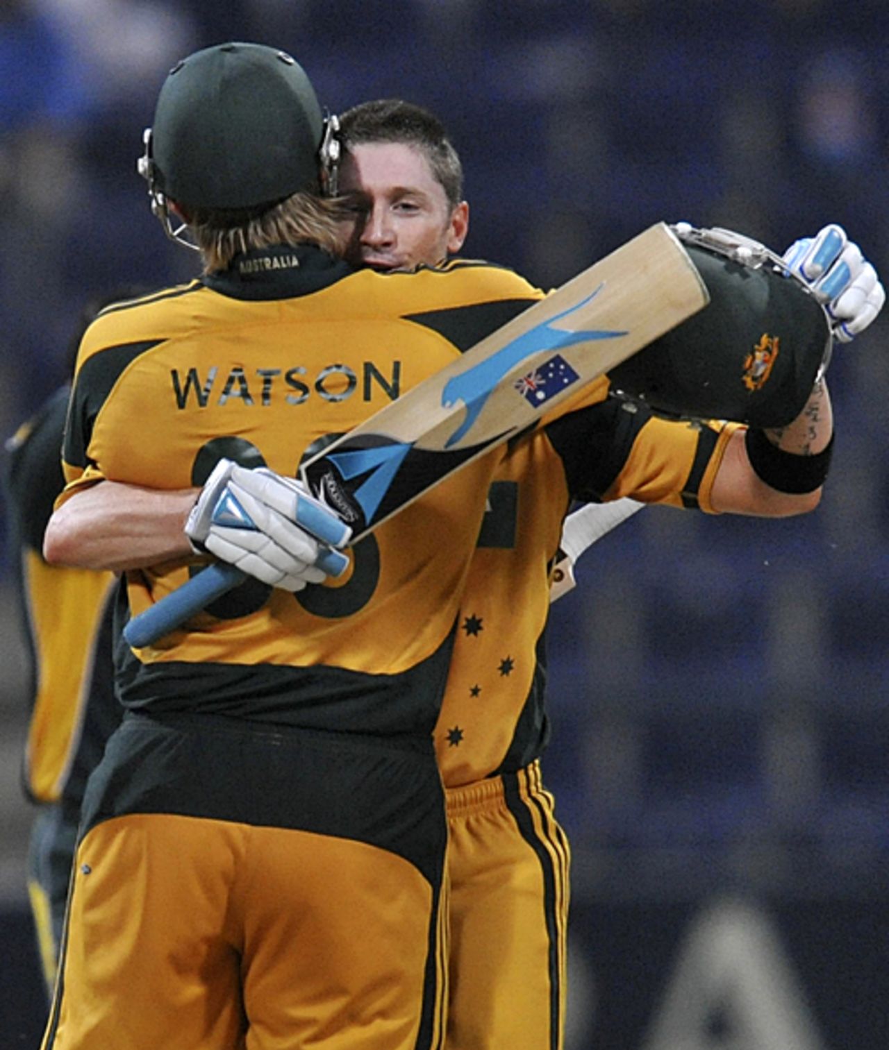 Michael Clarke gets a hug from Shane Watson on getting to his century, Pakistan v Australia, 4th ODI, Abu Dhabi, May 1, 2009