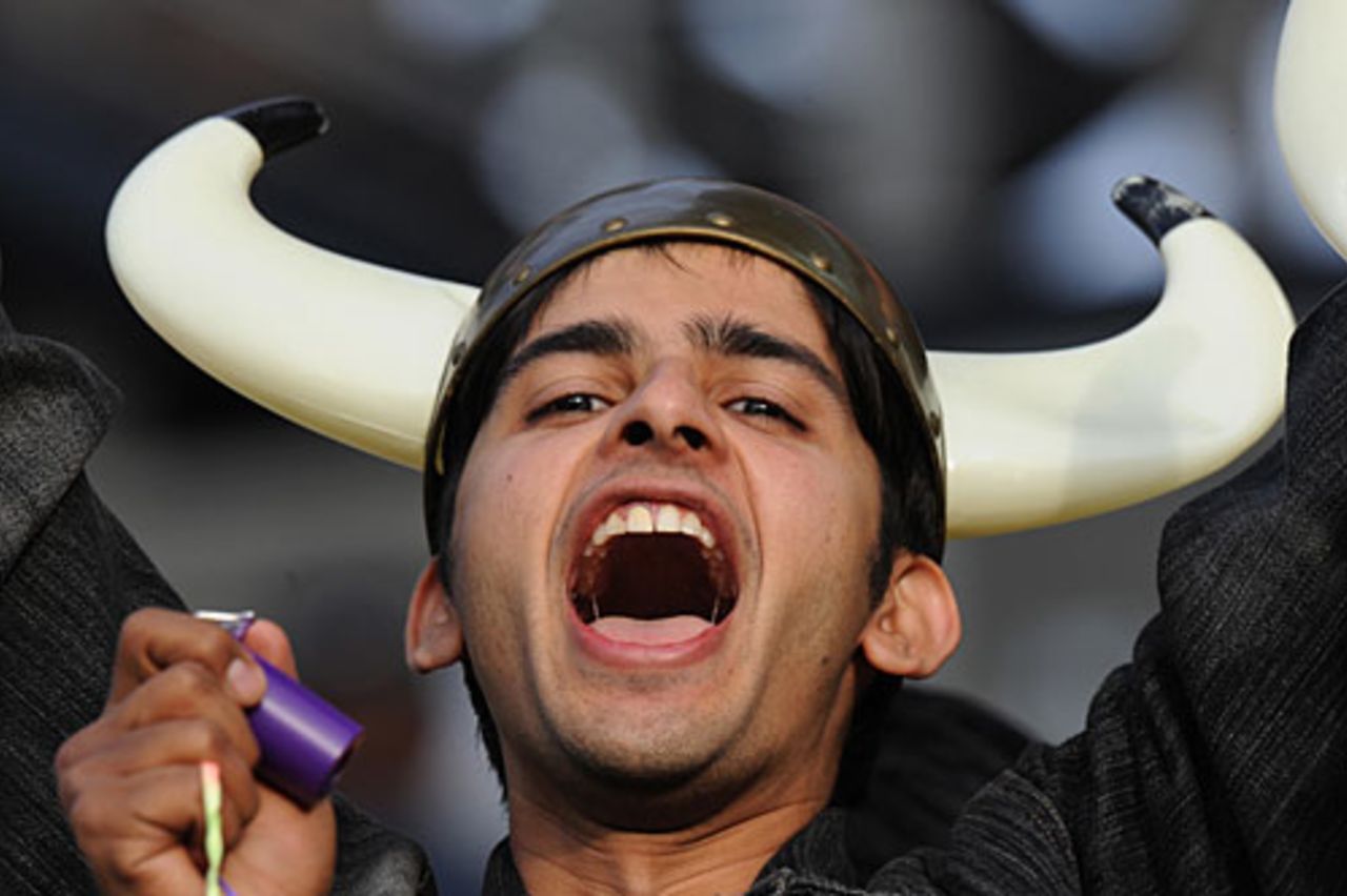 A fan with some fancy head gear cheers during the match, Chennai Super Kings v Delhi Daredevils, 29th match, IPL, East London, May 2, 2009