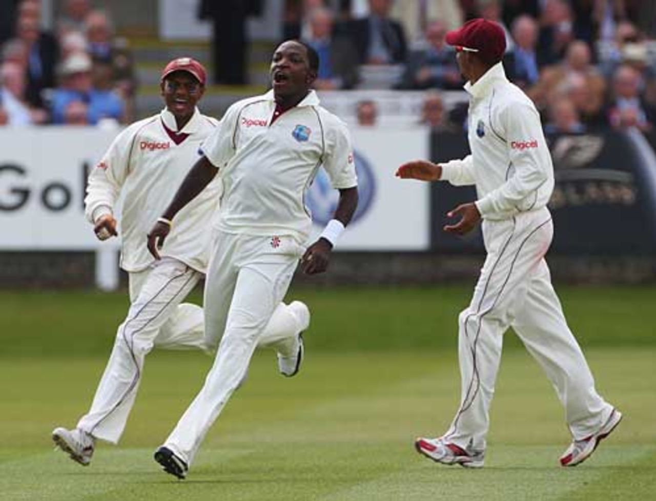 Fidel Edwards is chased by his team-mates after removing Kevin Pietersen first ball, England v West Indies, 1st Test, Lord's, May 6, 2009