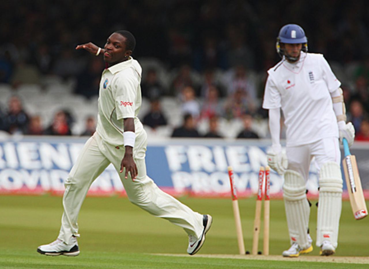 Fidel Edwards celebrates his sixth wicket, that of Graham Onions, England v West Indies, 1st Test, Lord's, May 7, 2009