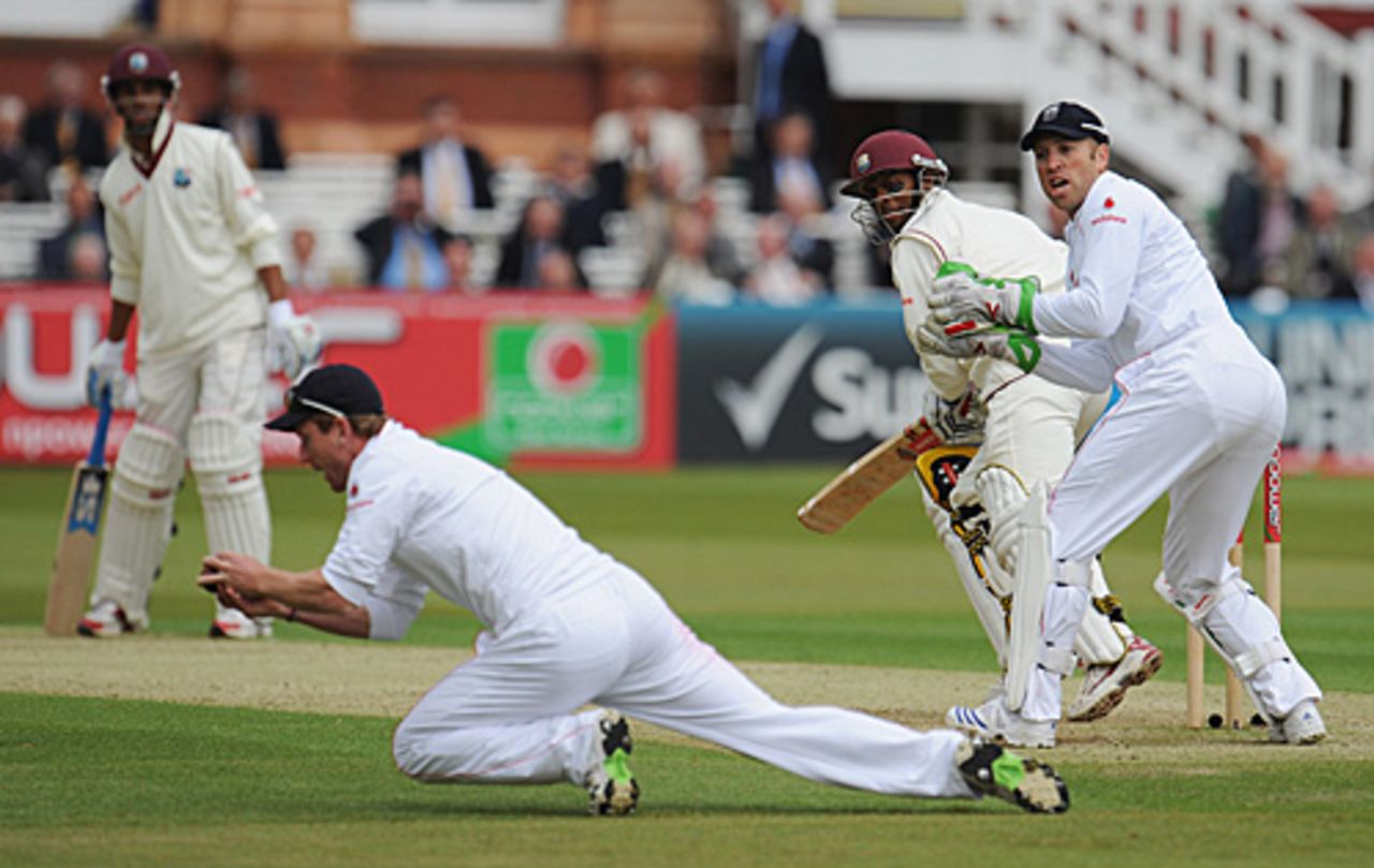 Paul Collingwood takes a smart catch low to his left at slip to dismiss Shivnarine Chanderpaul, England v West Indies, 1st Test, Lord's, May 7, 2009