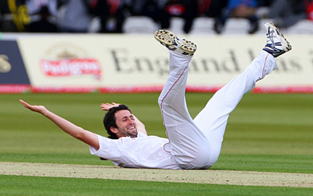 Graham Onions celebrates on his back after taking his fourth wicket on debut for England, England v West Indies, 1st Test, Lord's, May 7, 2009